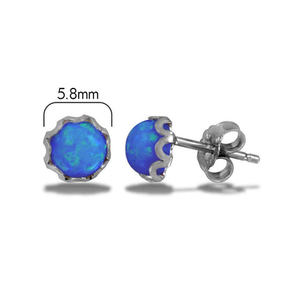 Rhodium Plated 925 Sterling Silver Round Blue Synthetic Opal Stud Earring - SCE00001-BLU