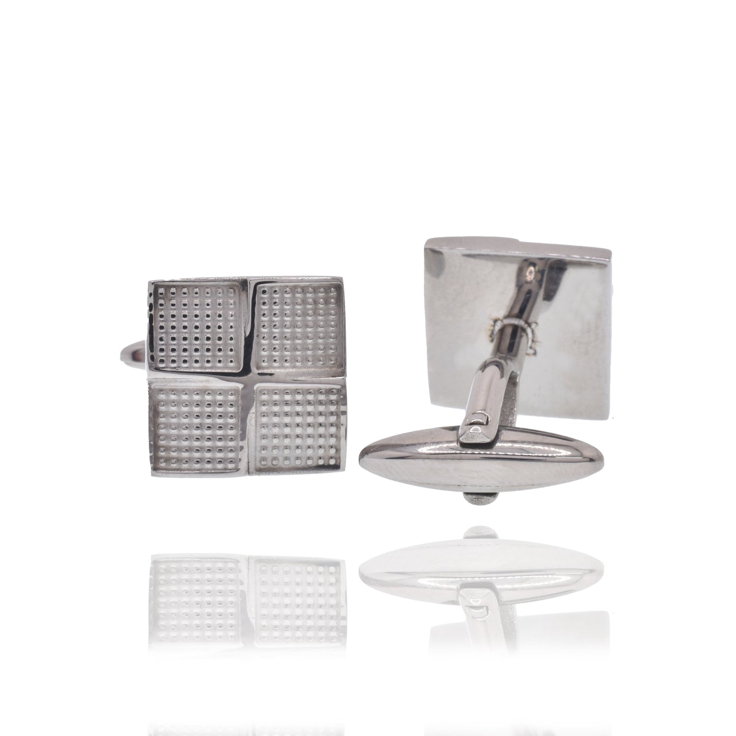 Rhodium Plated Stainless Steel Dotted Square 16mm Bullet Back Cufflink - SCU00003