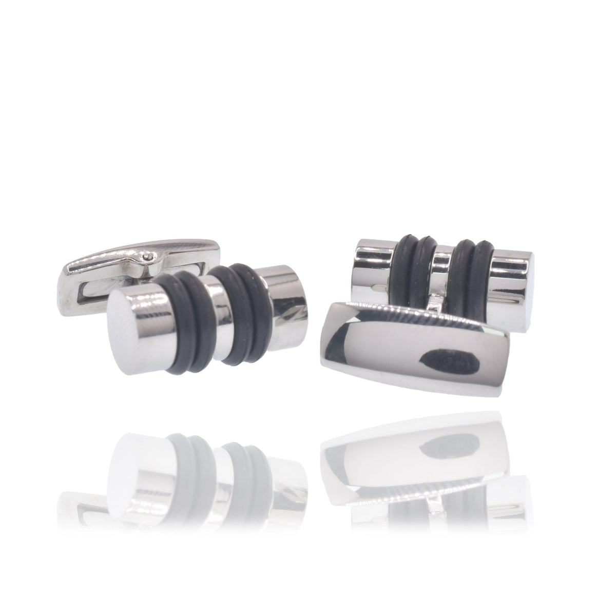 Rhodium Plated Stainless Steel Round Bar Rubber Inserts 18mm x 9mm Whale Back Cufflink - SCU00007
