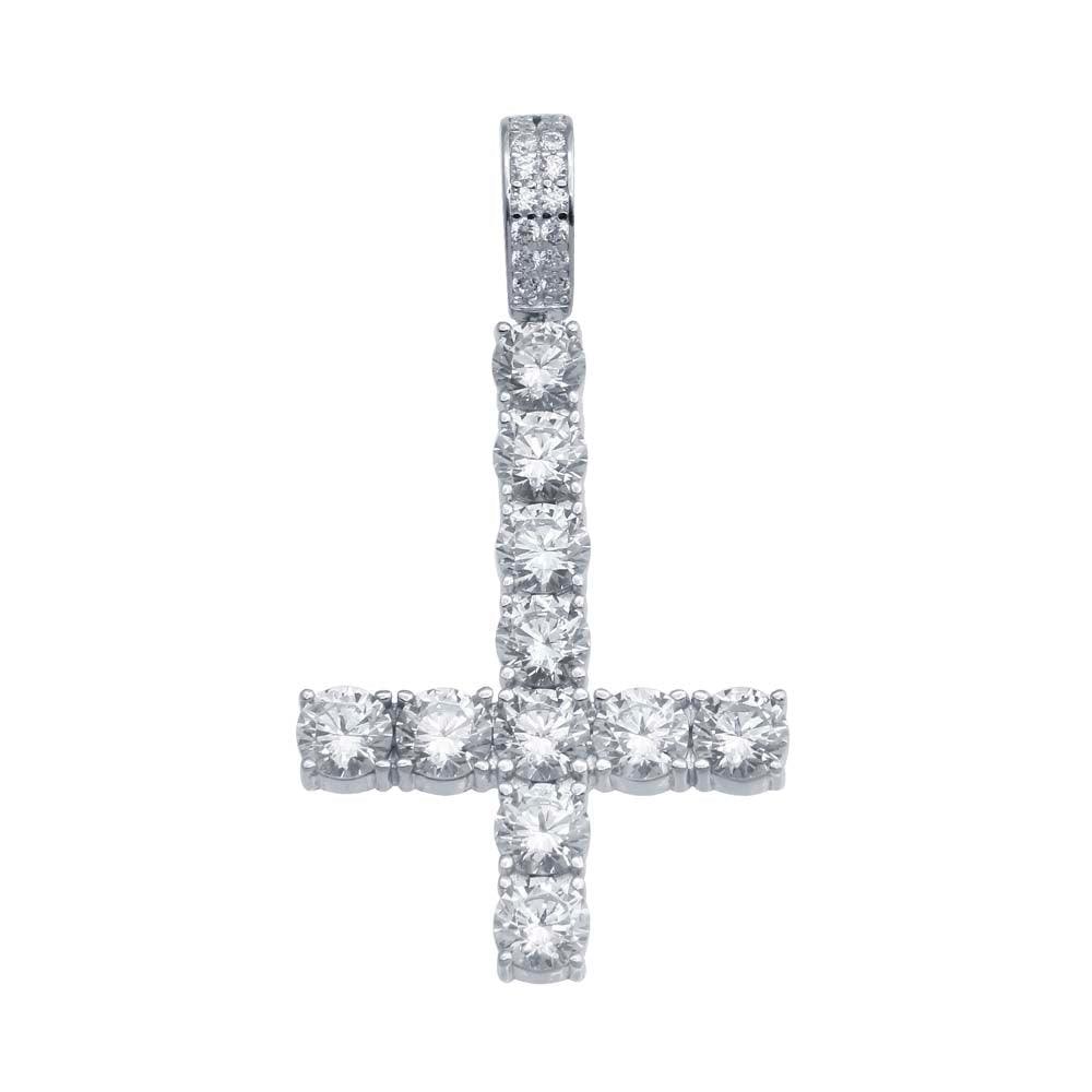 Rhodium Plated 925 Sterling Silver CZ Upside Down Cross Hip Hop Pendant - SLP00102 | Silver Palace Inc.