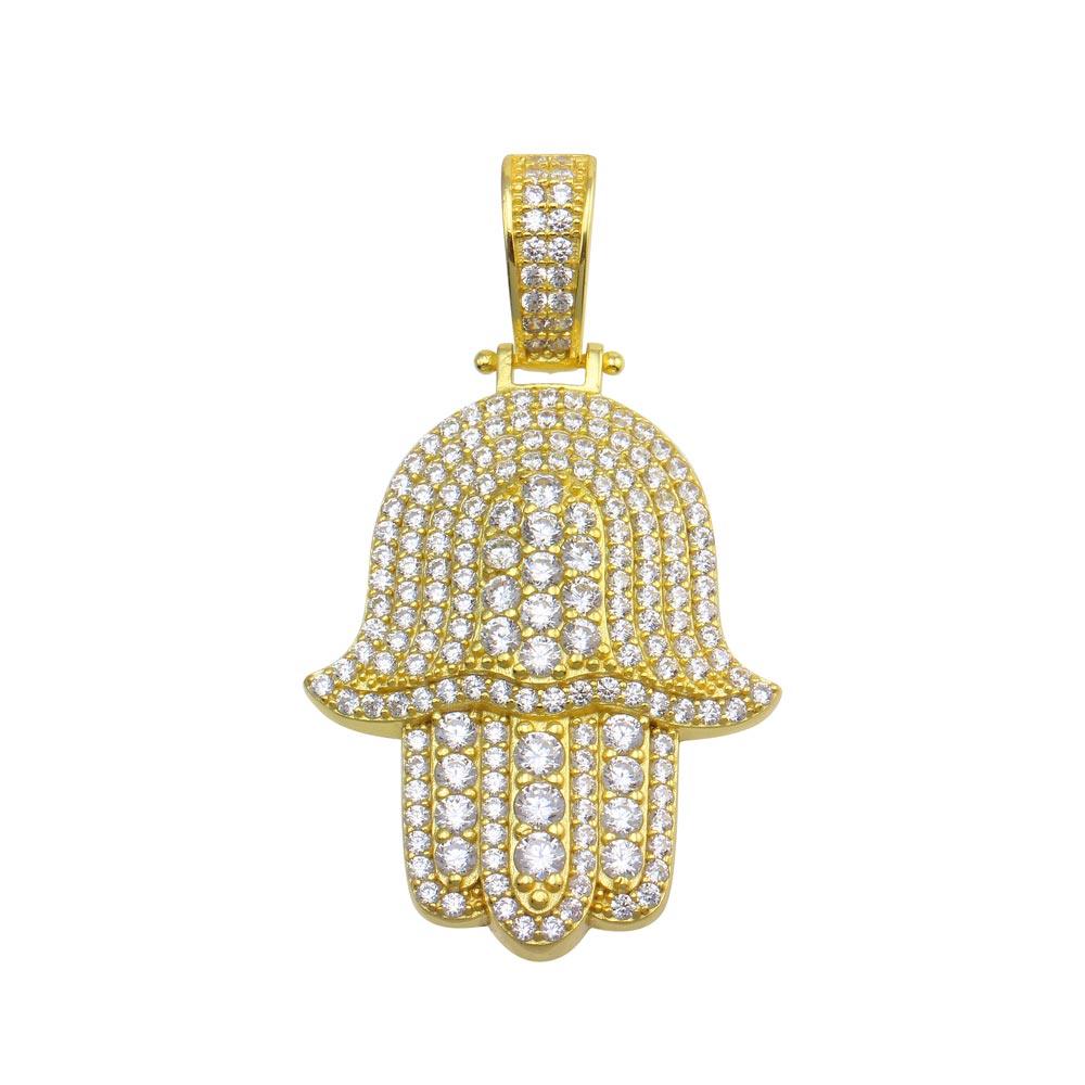 Silver 925 Gold Plated CZ Hamsa Hand Hip Hop Pendant - SLP00210GP | Silver Palace Inc.