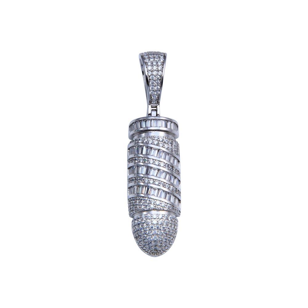 Rhodium Plated 925 Sterling Silver CZ Bullet Hip Hop Pendant - SLP00260 | Silver Palace Inc.