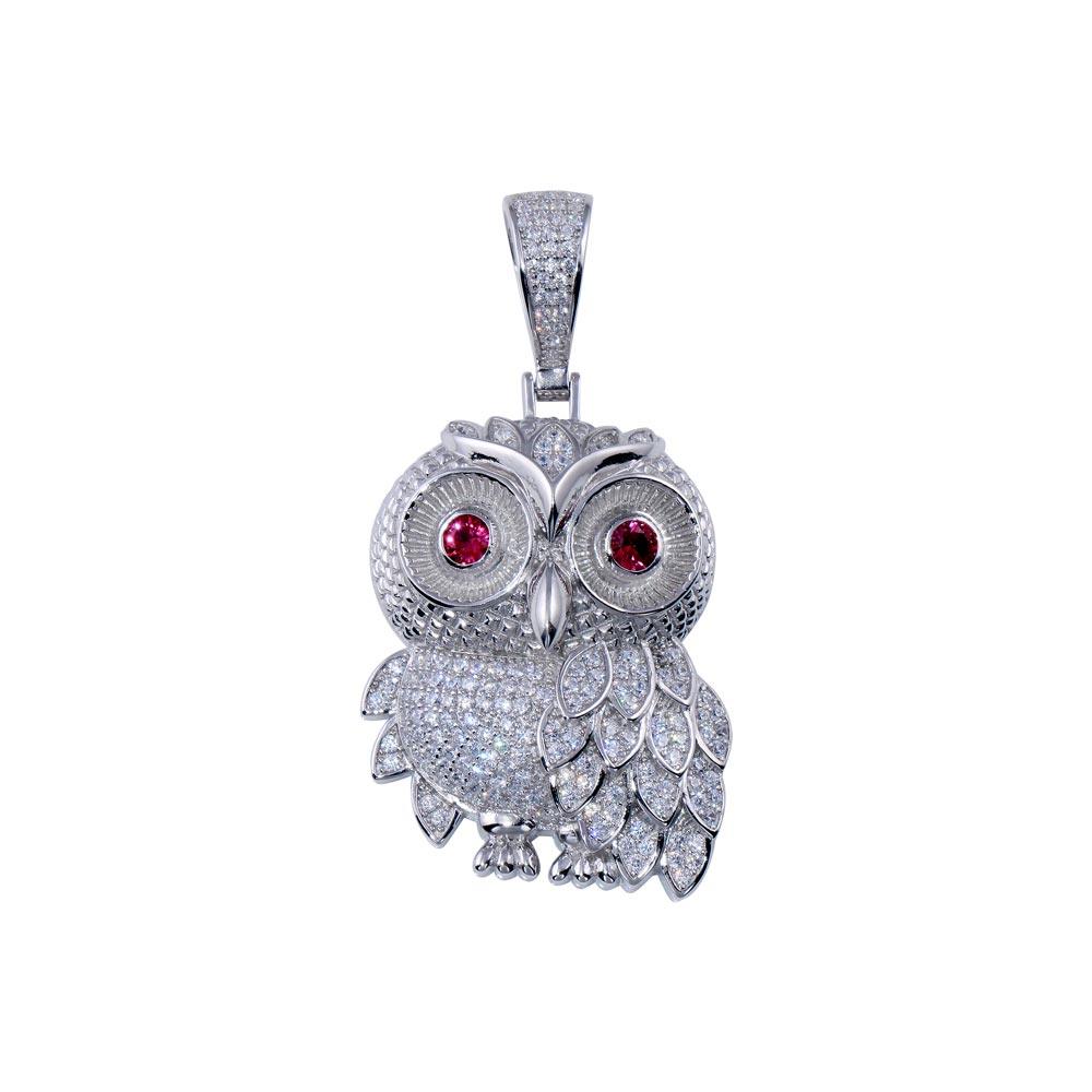 Rhodium Plated 925 Sterling Silver CZ Owl Hip Hop Pendant - SLP00266 | Silver Palace Inc.