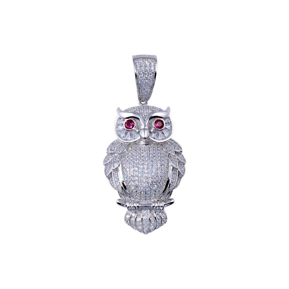 Rhodium Plated 925 Sterling Silver CZ Owl Hip Hop Pendant - SLP00267 | Silver Palace Inc.