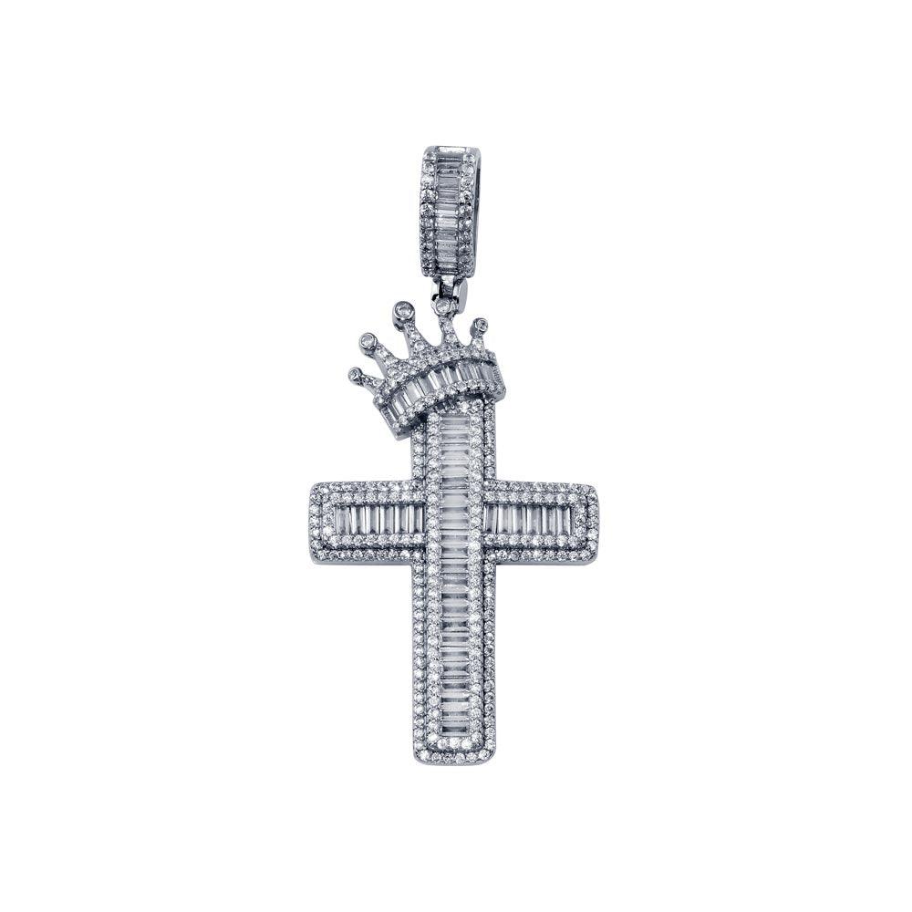 Rhodium Plated 925 Sterling Silver CZ Crown Cross Hip Hop Pendant - SLP00269RH | Silver Palace Inc.