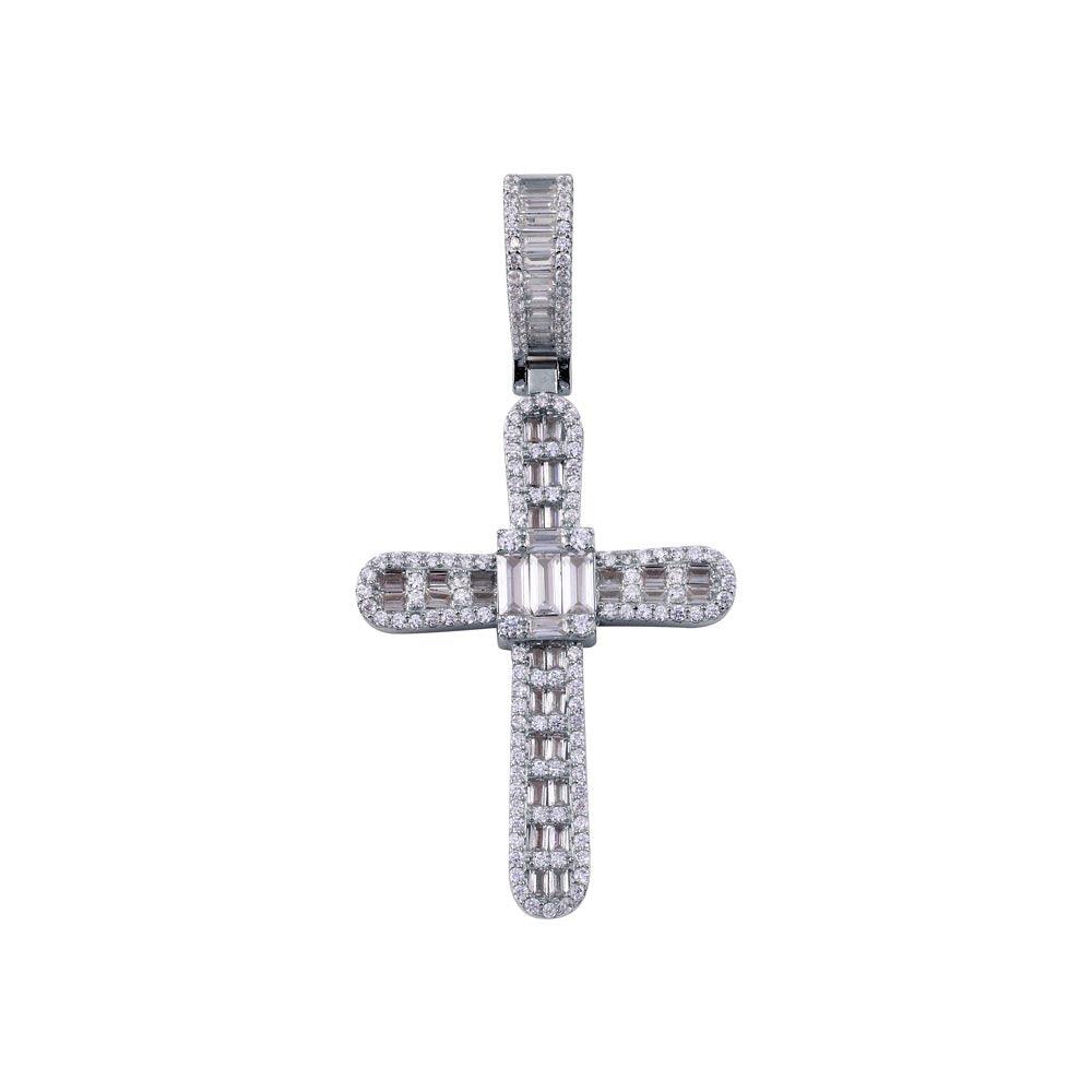 Rhodium Plated 925 Sterling Silver CZ Cross Hip Hop Pendant - SLP00270RH | Silver Palace Inc.