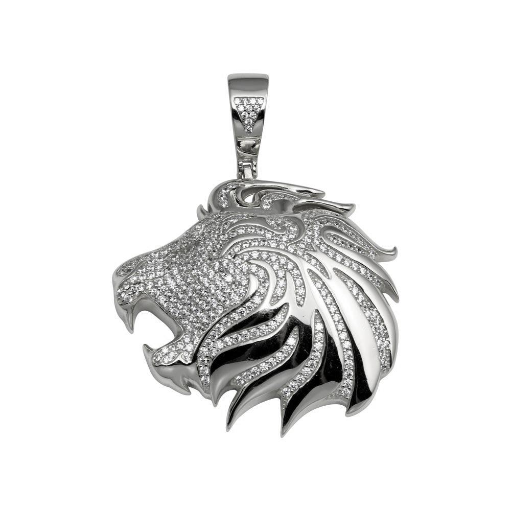 Rhodium Plated 925 Sterling Silver CZ Lion Hip Hop Pendant - SLP00275RH | Silver Palace Inc.