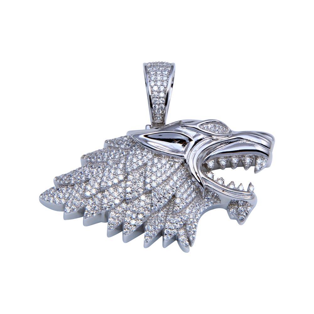 Rhodium Plated 925 Sterling Silver CZ Wolf Hip Hop Pendant - SLP00276 | Silver Palace Inc.