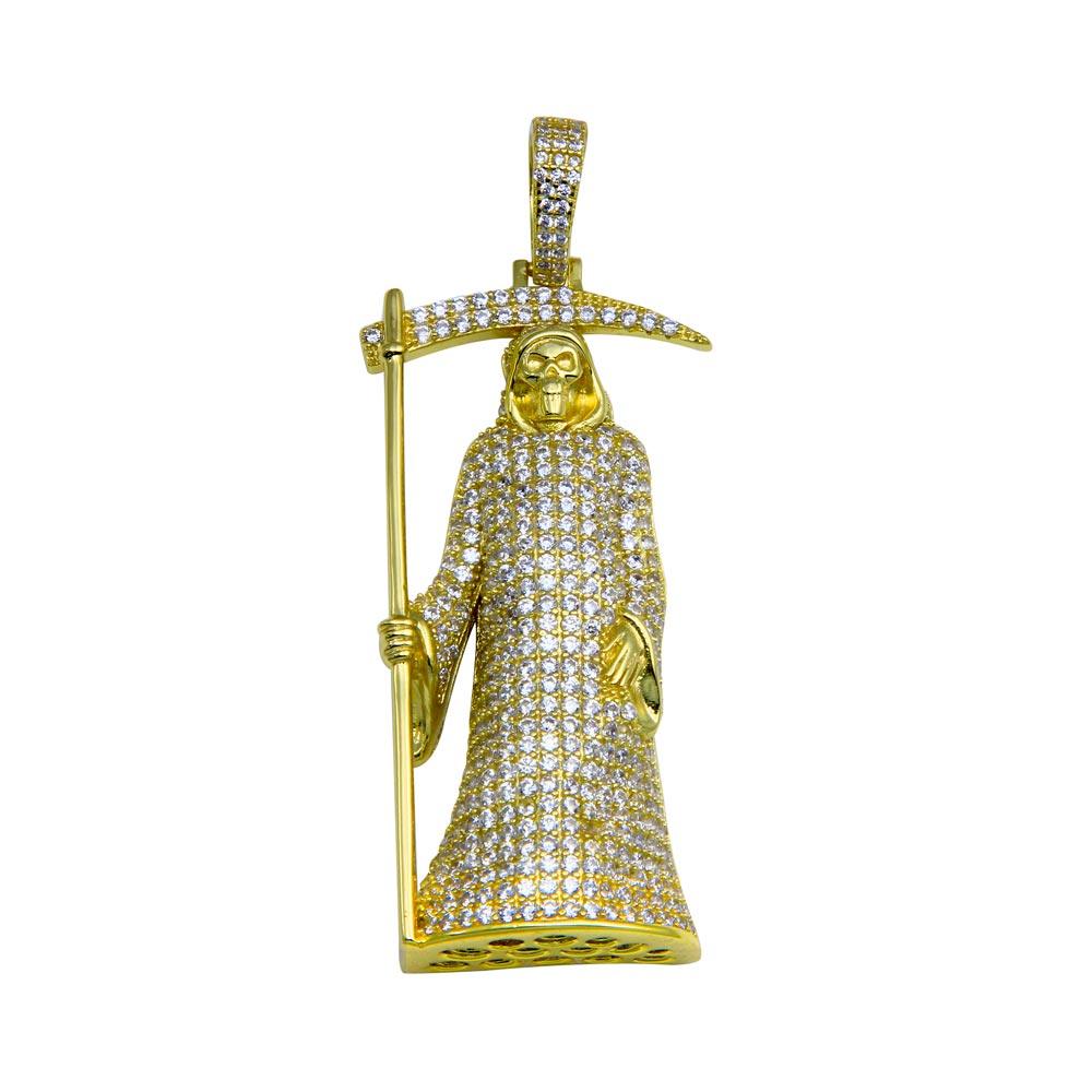Silver 925 Gold Plated CZ Santa Muerte Hip Hop Pendant - SLP00277GP | Silver Palace Inc.