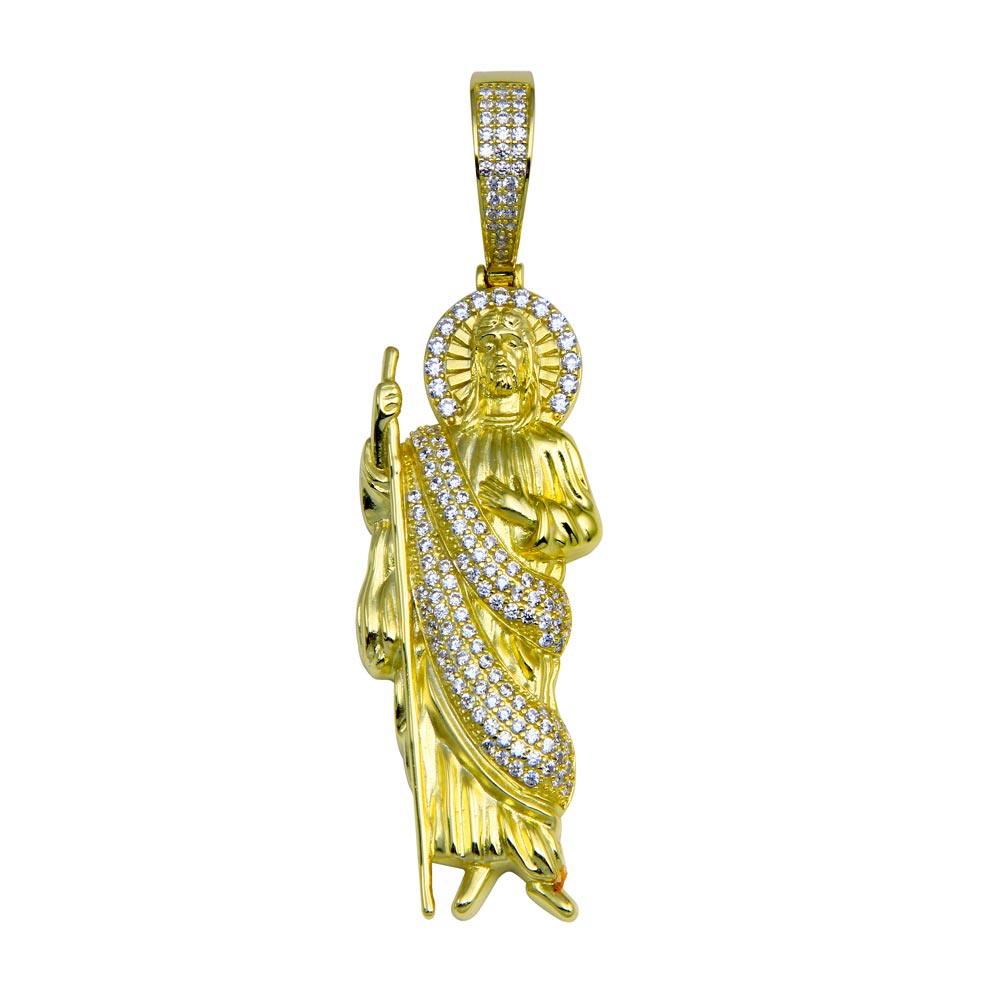 Silver 925 Gold Plated CZ St Jude Hip Hop Pendant - SLP00278GP | Silver Palace Inc.