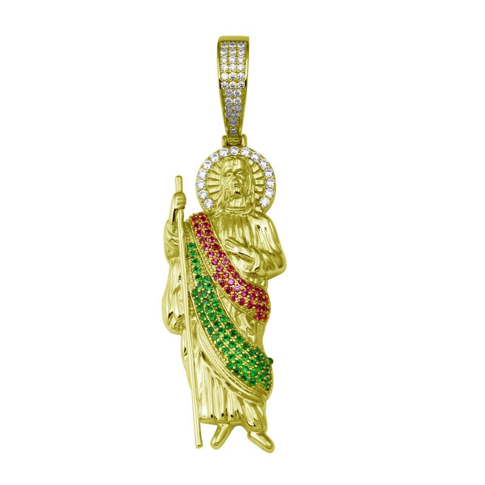 Silver 925 Gold Plated Multi Color CZ St Jude Hip Hop Pendant - SLP00342GP | Silver Palace Inc.