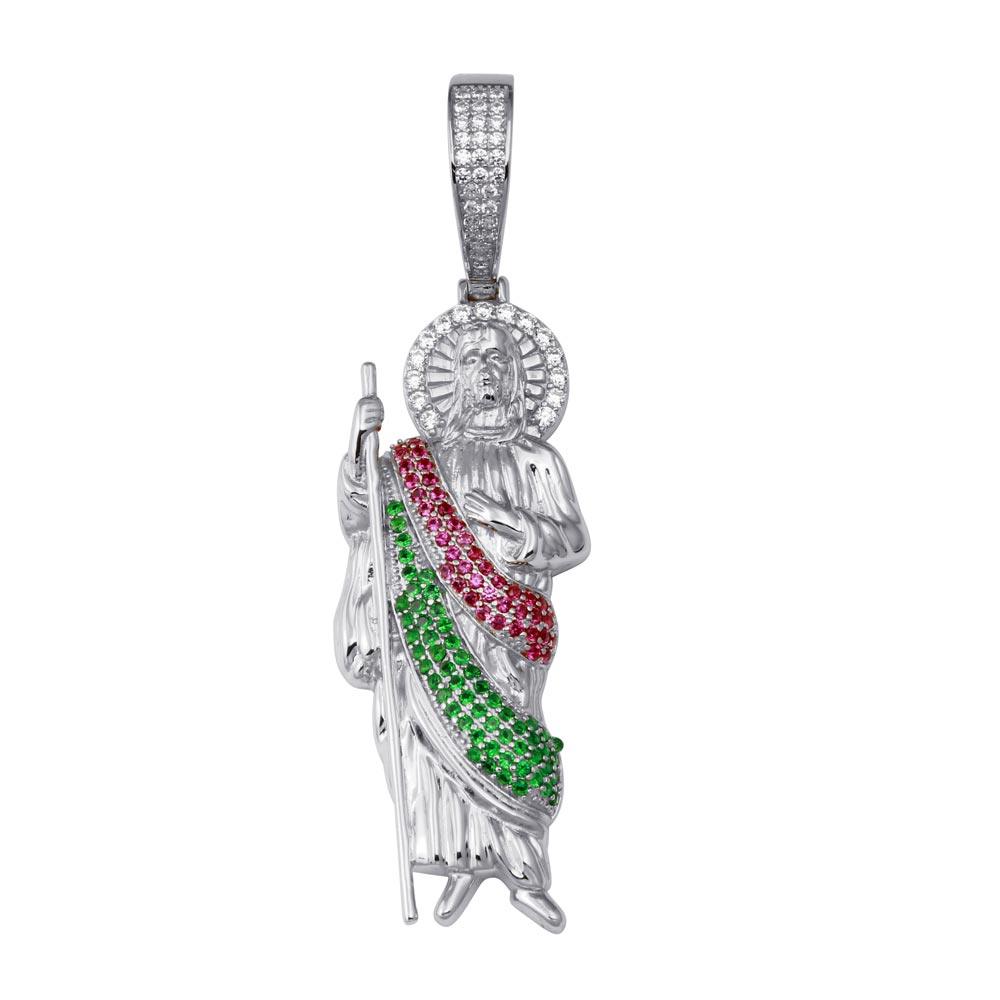 Rhodium Plated 925 Sterling Silver Multi Color CZ St Jude Hip Hop Pendant - SLP00342RH | Silver Palace Inc.