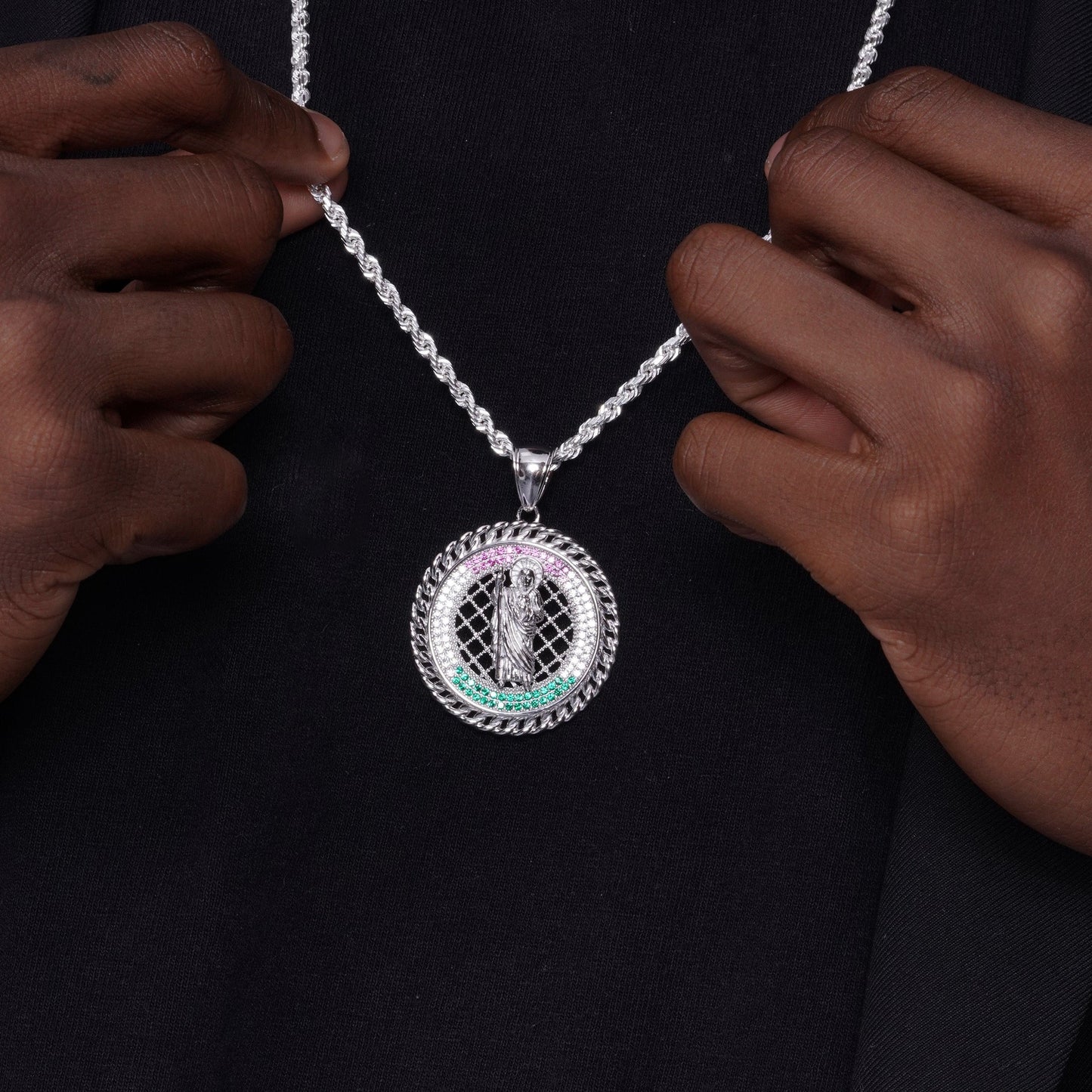 Rhodium Plated 925 Sterling Silver Saint Jude Clear Green and Red CZ 35mm Pendant - SLP00358