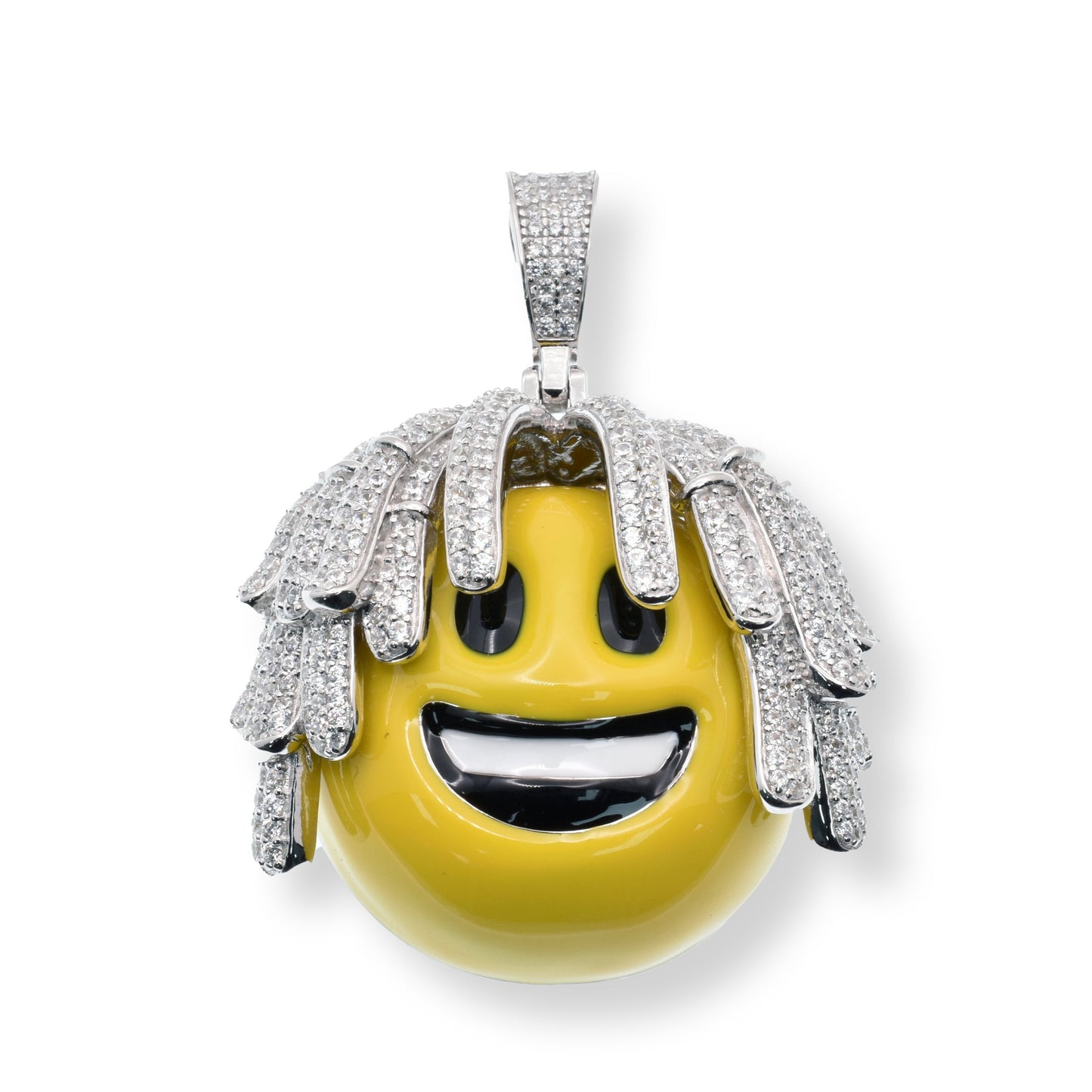 Rhodium Plated 925 Sterling Silver Dreadlocks Smiley Yellow and Black Enamel Clear CZ 35.2mm x 31mm Pendant - SLP00180
