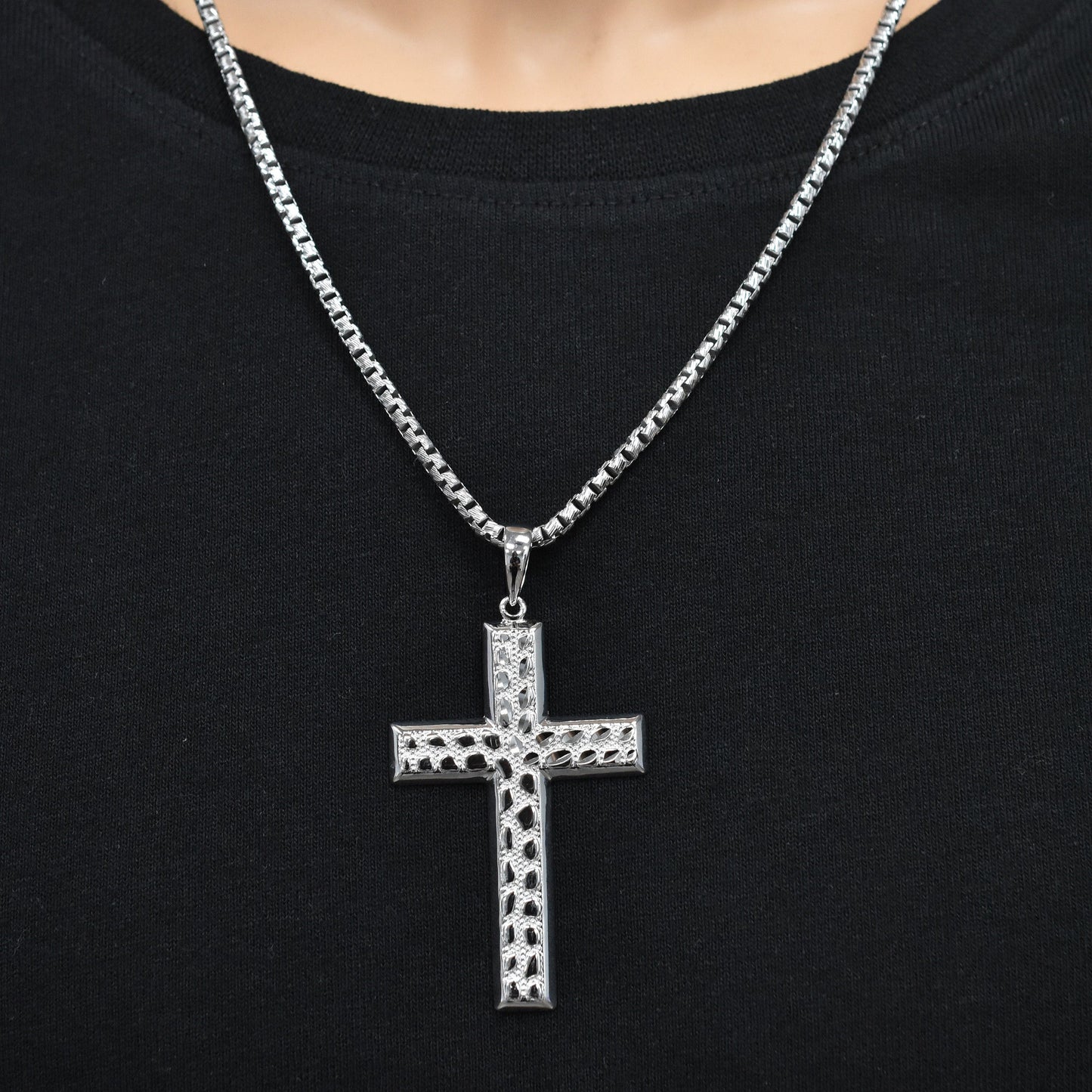 Rhodium Plated 925 Sterling Silver Nugget Cross 35.5mm x 53mm Pendant - SLP00478