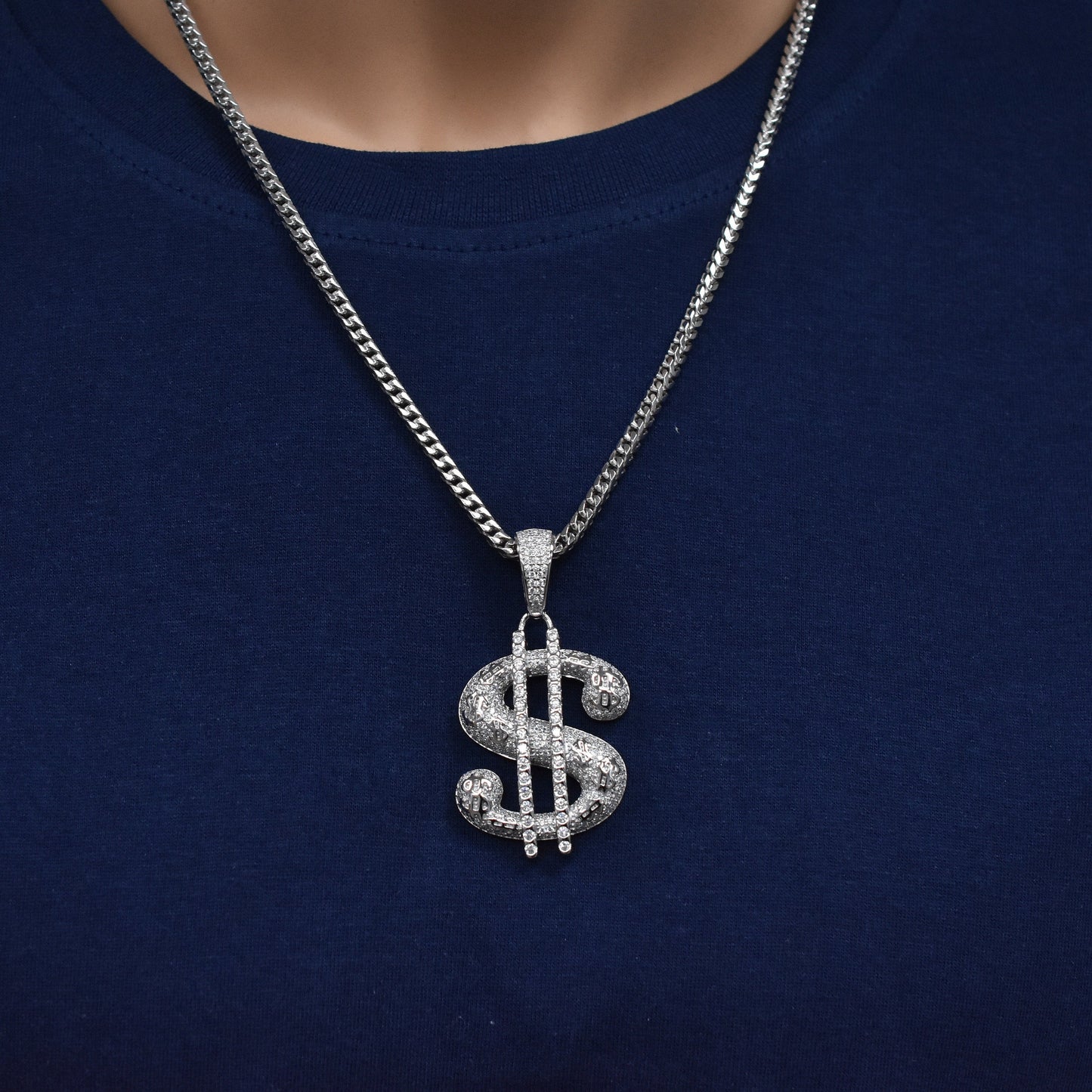 Rhodium Plated 925 Sterling Silver Dollar Sign CZ Studded 28mm x 41mm Pendant - SLP00479