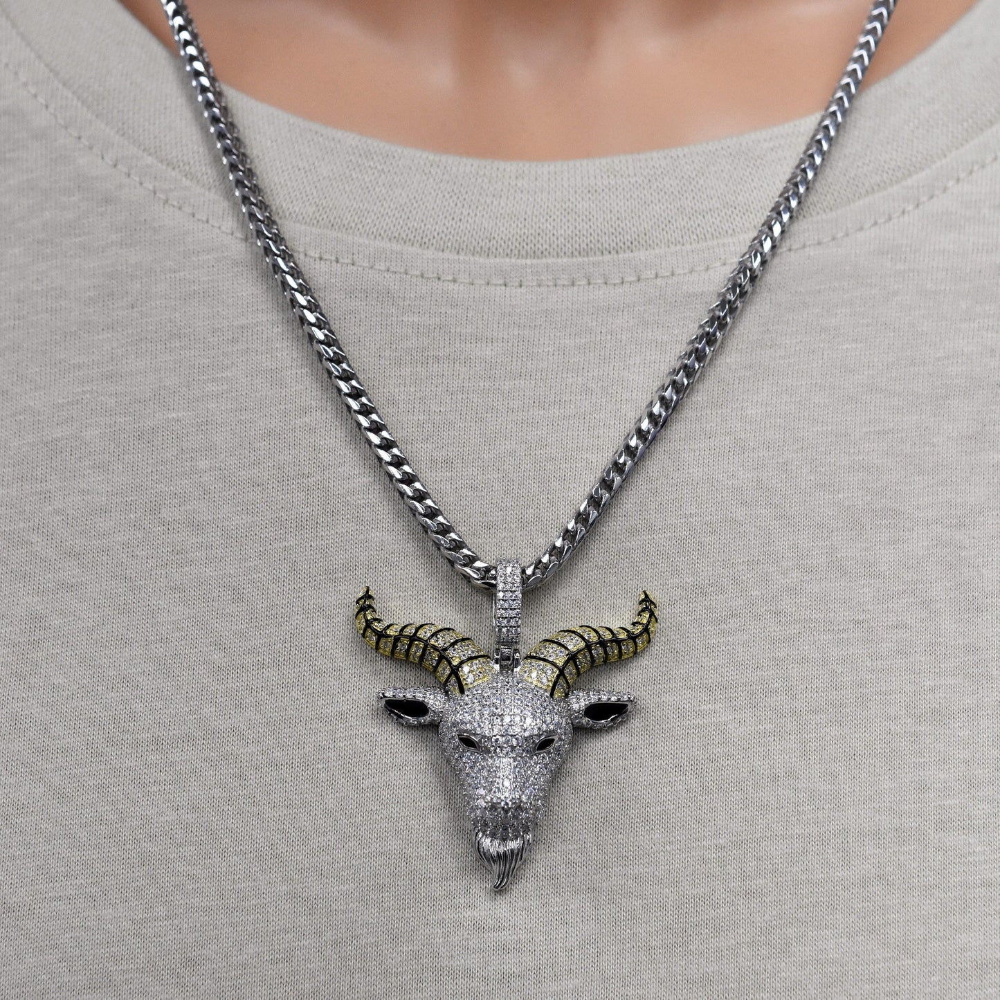 Rhodium Plated 925 Sterling Silver The Devil Goat Baphomet Black Enamel Clear CZ 39mm x 41mm Pendant - SLP00483