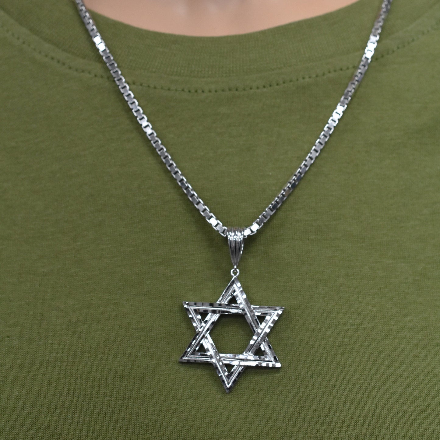 Rhodium Plated 925 Sterling Silver Diamond Cut Star of David 34mm Pendant - SLP00484