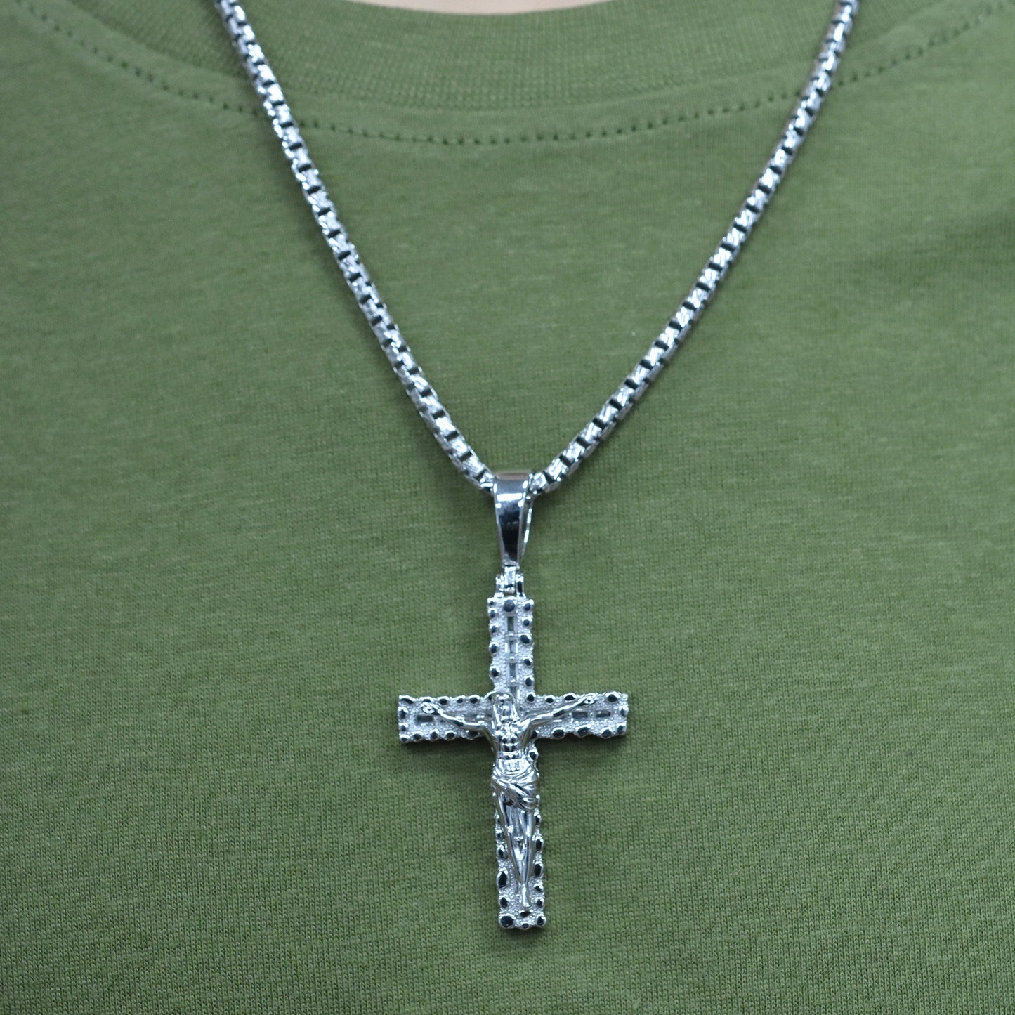 Rhodium Plated 925 Sterling Silver Nugget Crucifix Cross Baguette Clear CZ 29mm x 41mm Pendant - SLP00489