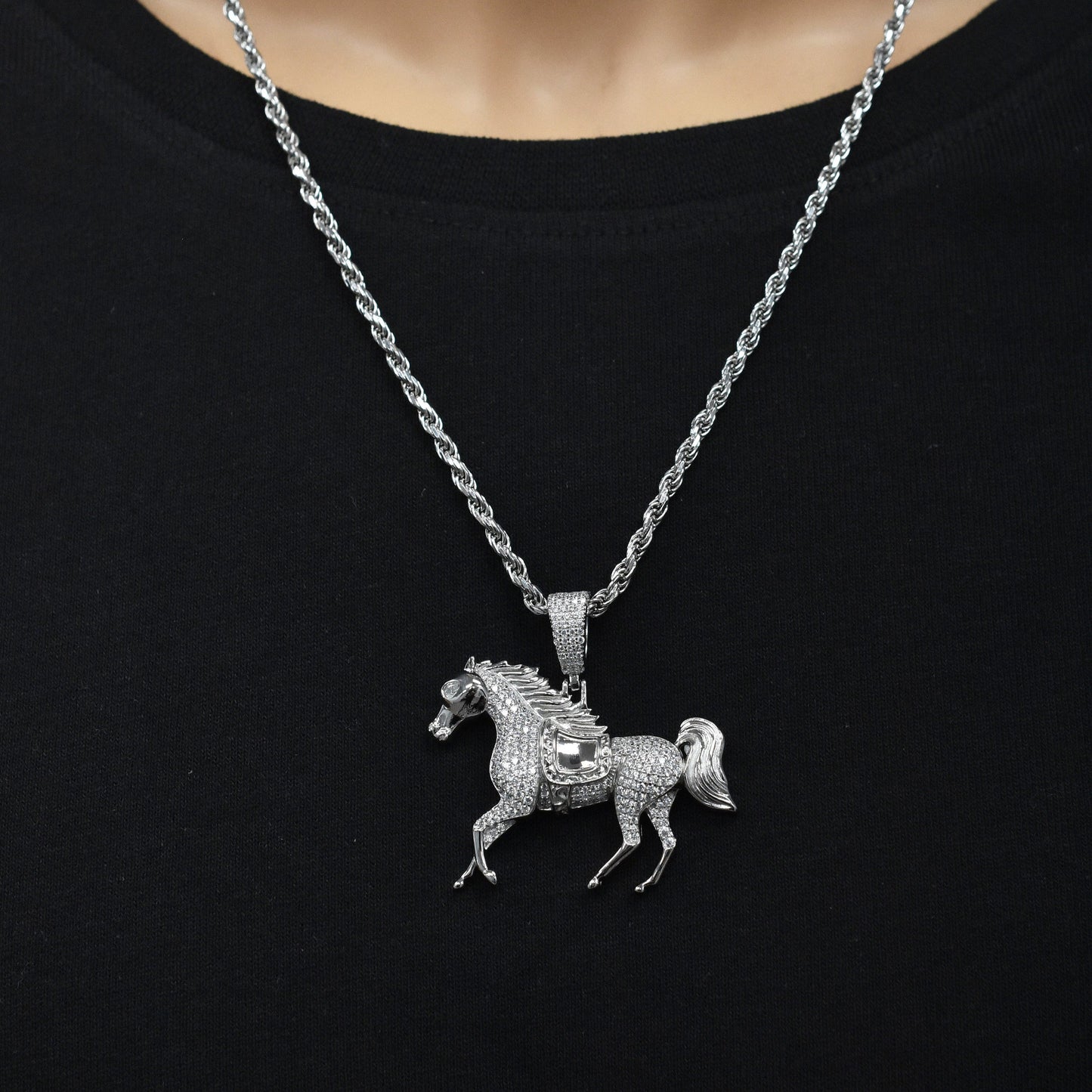 Rhodium Plated 925 Sterling Silver Iced Out Horse Clear CZ 42mm x 30mm Pendant - SLP00493