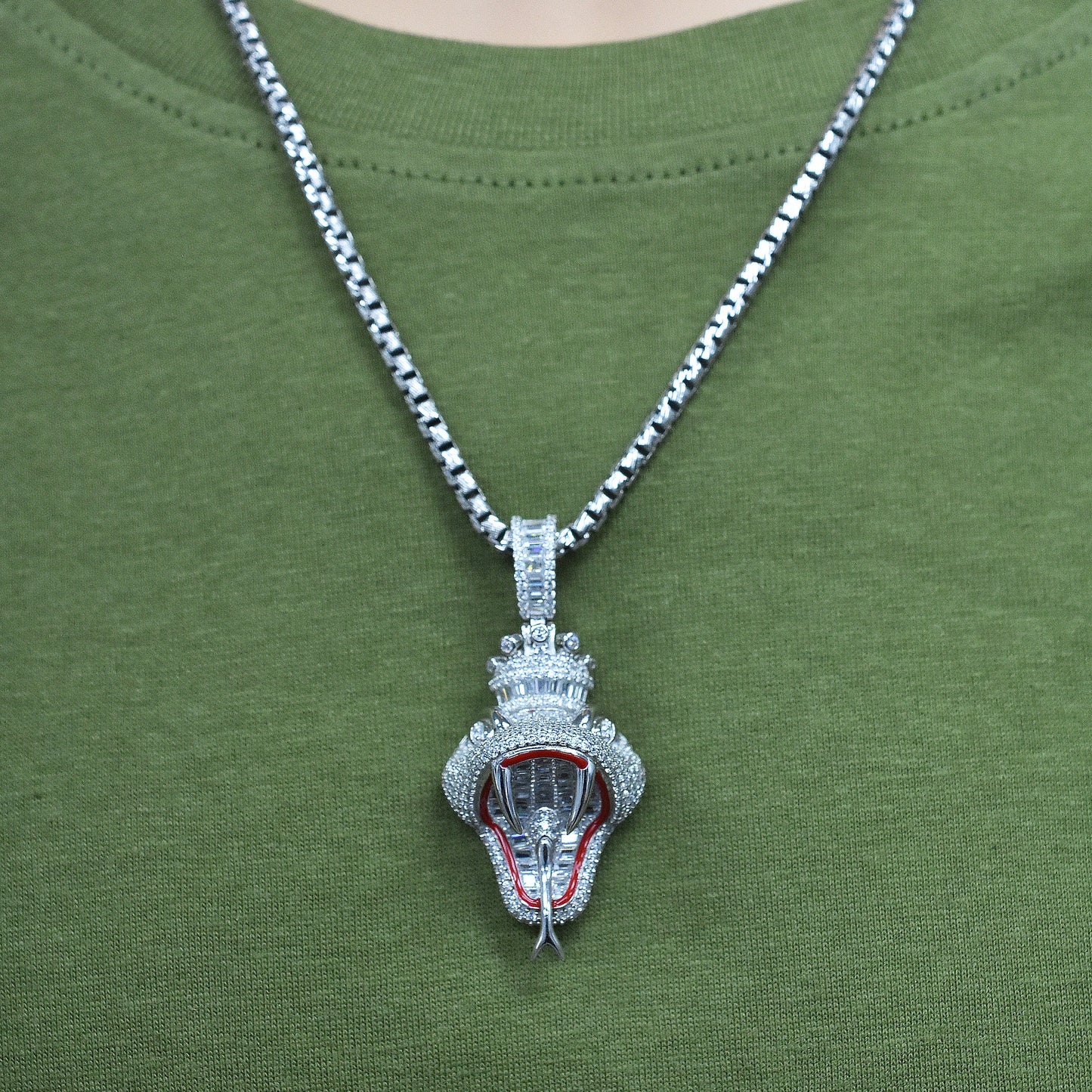 Rhodium Plated 925 Sterling Silver Iced Out King Viper Snake Red Enamel Clear CZ 23mm x 38mm Pendant - SLP00495