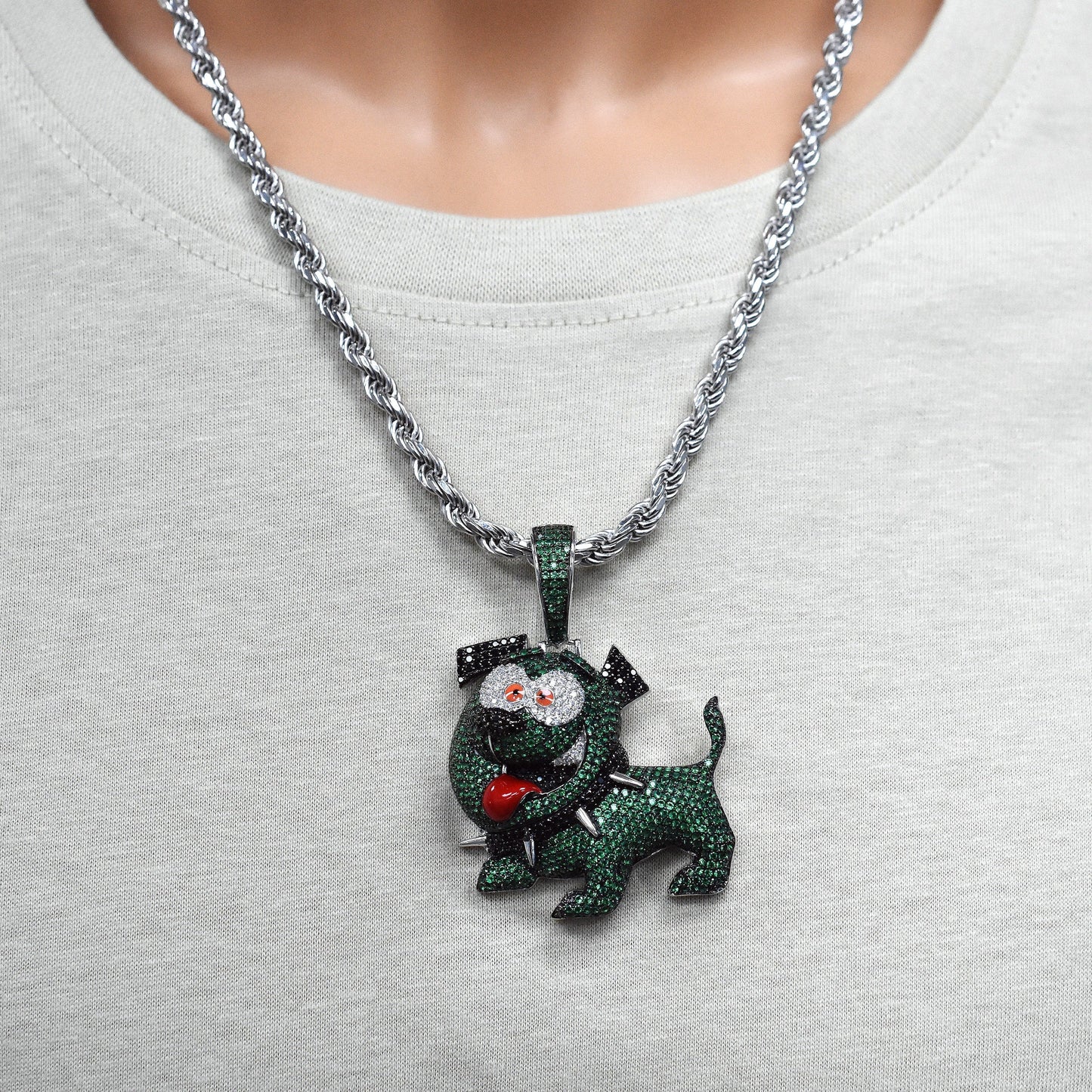 Rhodium Plated 925 Sterling Silver Iced Out Dog Green Black and Clear CZ 41mm x 40mm Pendant - SLP00497