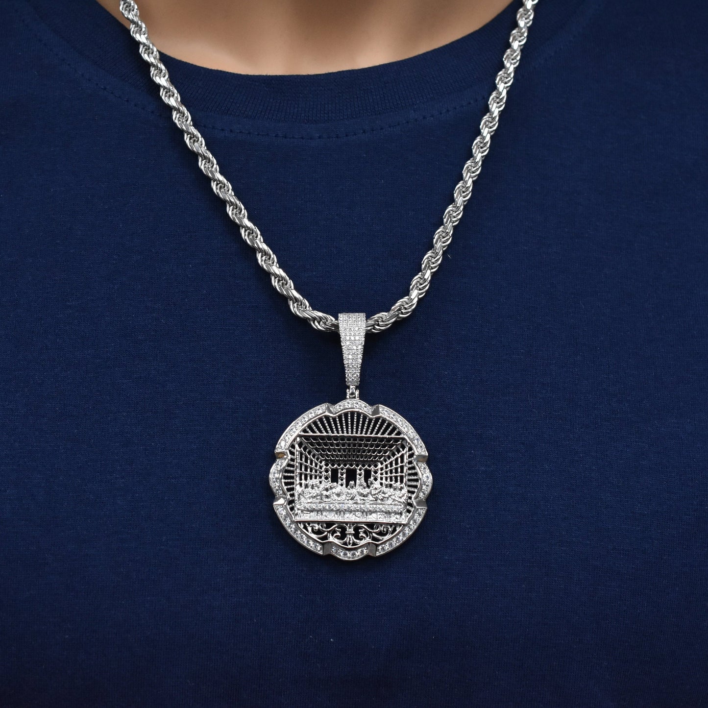 Rhodium Plated 925 Sterling Silver Last Supper Clear CZ 41mm Pendant - SLP00500