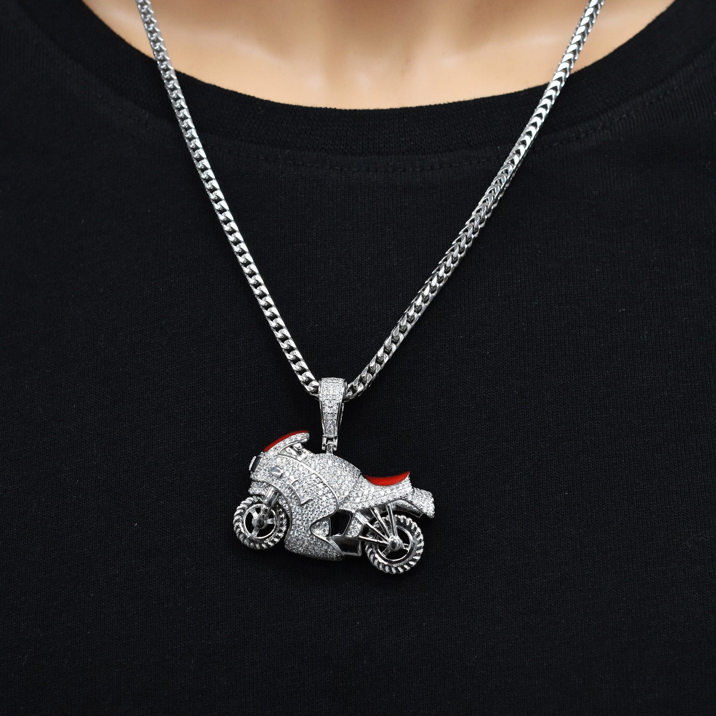 Rhodium Plated 925 Sterling Silver Motorcycle Red Enamel Iced Out Clear CZ 39mm x 25mm Pendant - SLP00501
