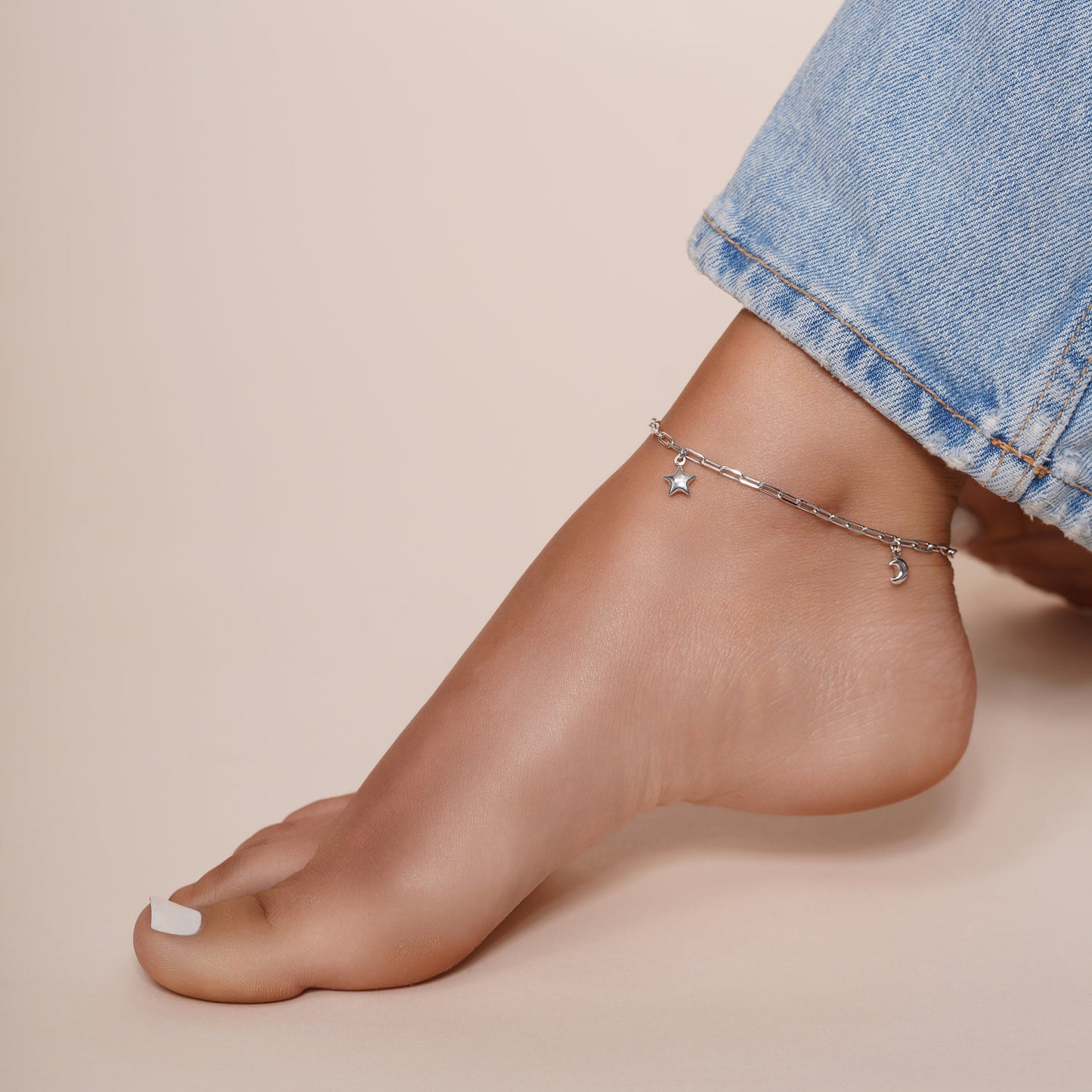Rhodium Plated 925 Sterling Silver Paperclip Chain Stars and Moon Charm Adjustable Anklet - SOA00029