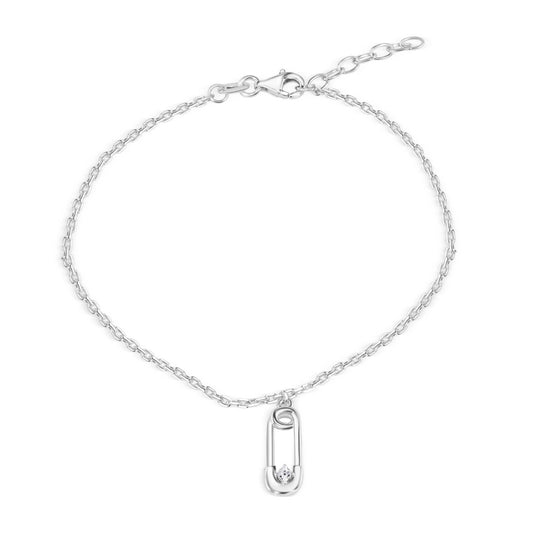 Rhodium Plated 925 Sterling Silver Cable Safety Pin Charm Clear CZ Adjustable Anklet - SOA00032