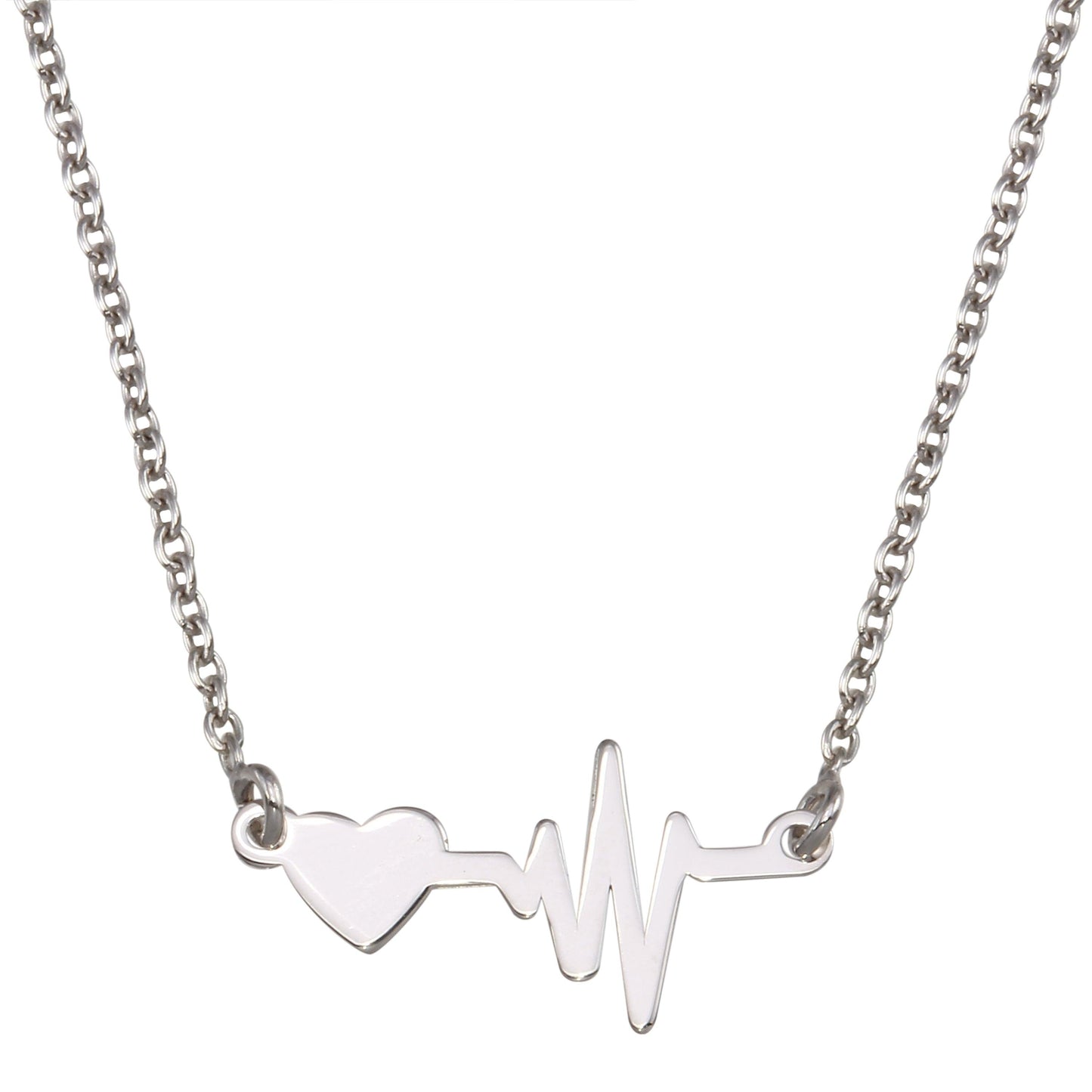 Rhodium Plated 925 Sterling Silver Heart and Heartbeat Pendant Necklace - SOP00160 | Silver Palace Inc.