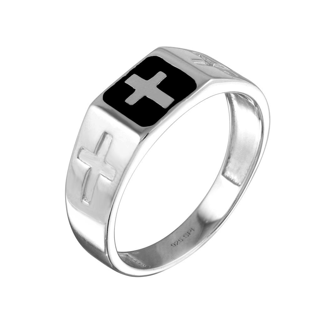 Rhodium Plated 925 Sterling Silver Black Enamel Cross Ring - SOR00006