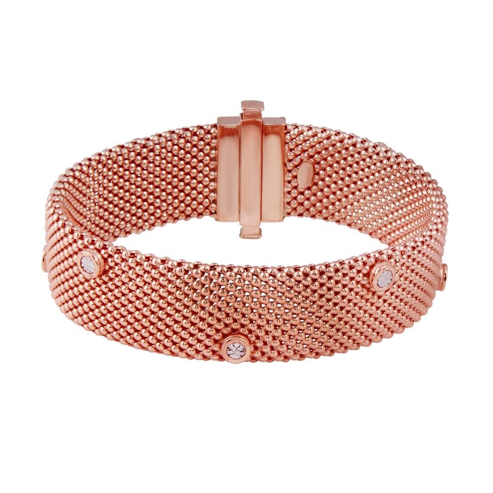 Closeout-Silver 925 Rose Gold Plated Round Charm CZ Band Bracelet - SPB00007 | Silver Palace Inc.