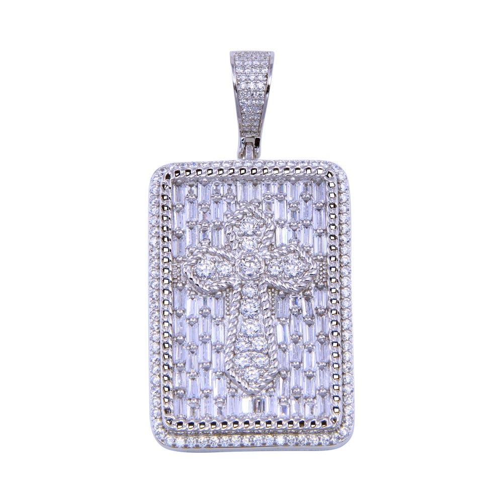 Rhodium Plated 925 Sterling Silver CZ Cross Tag Pendant - SLP00304 | Silver Palace Inc.
