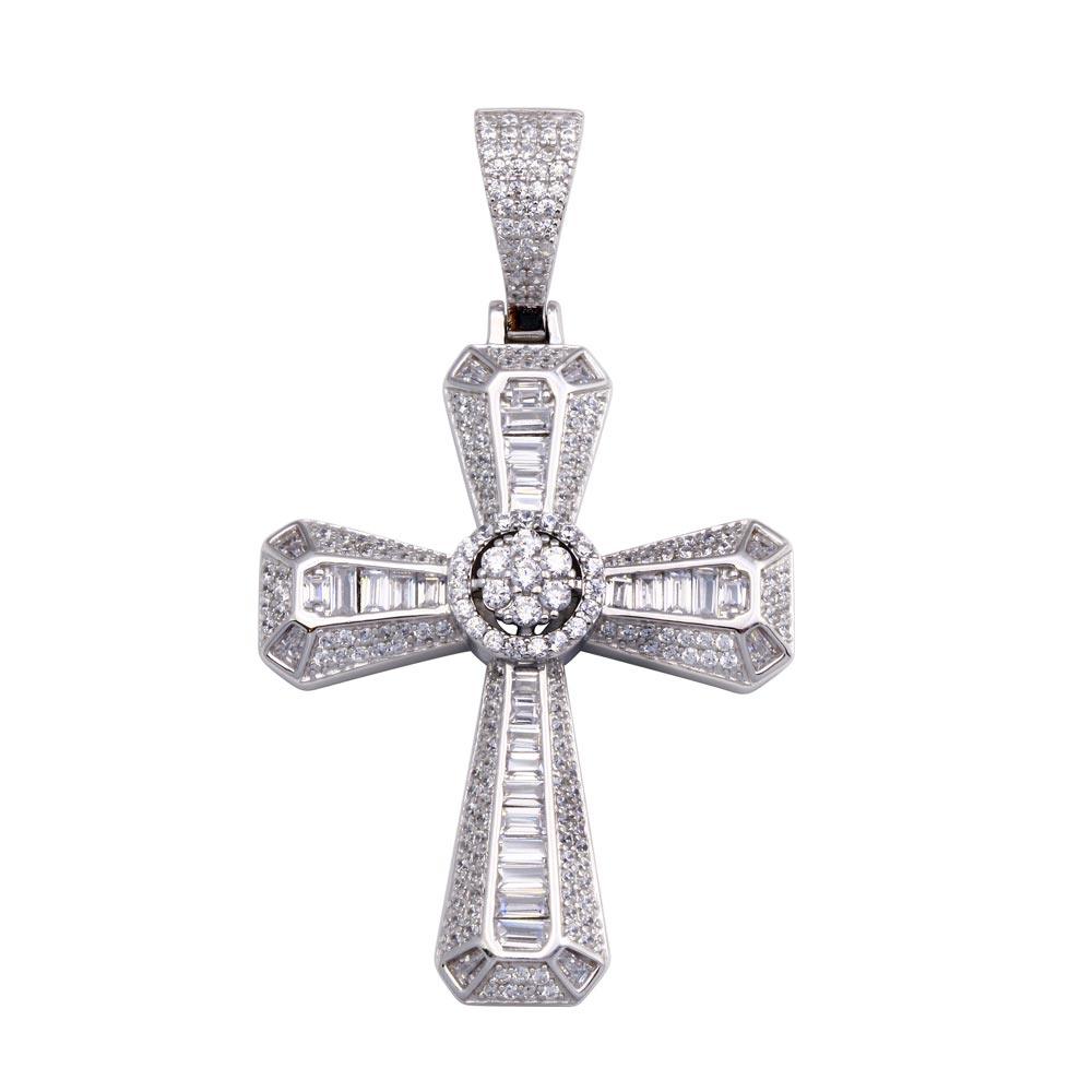 Rhodium Plated 925 Sterling Silver CZ Cross Disc Center Hip Hop Pendant - SLP00325 | Silver Palace Inc.