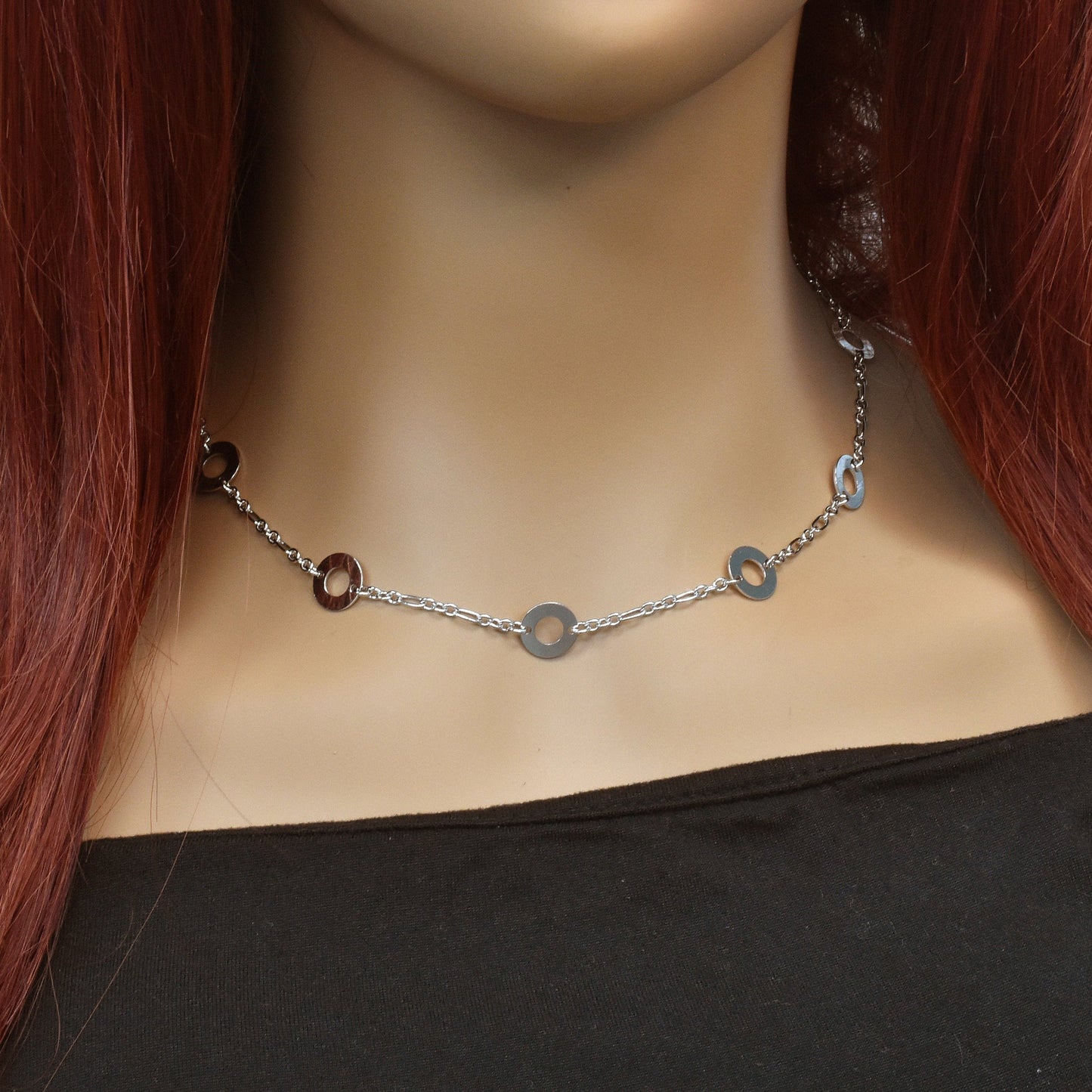 Rhodium Plated 925 Sterling Silver Multi Open Disc Necklace - SPN00026