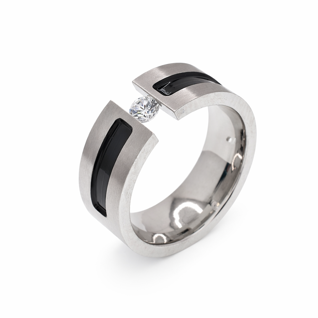 Rhodium Plated Stainless Steel Unisex Brushed Black Line Accent with CZ Ring- SRB0031