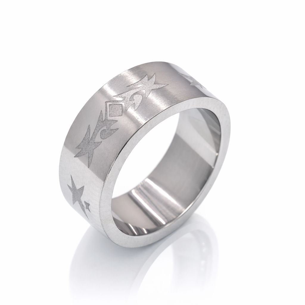 Rhodium Plated Stainless Steel Flat Tribal Ring- SRB051