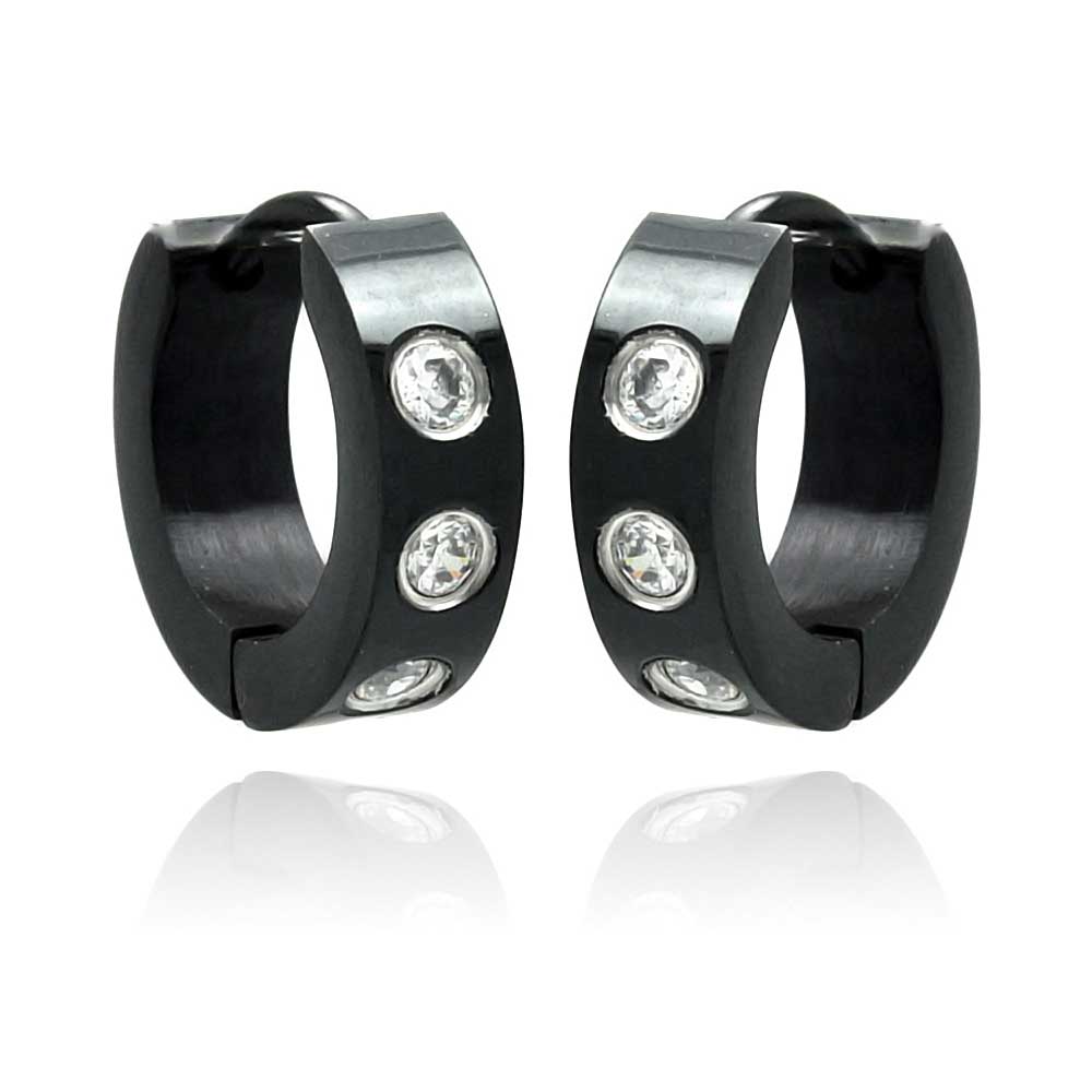 Black Rhodium Plated Stainless Steel 3 Cubic Zirconia Huggie Hoop Earrings - SSE00073