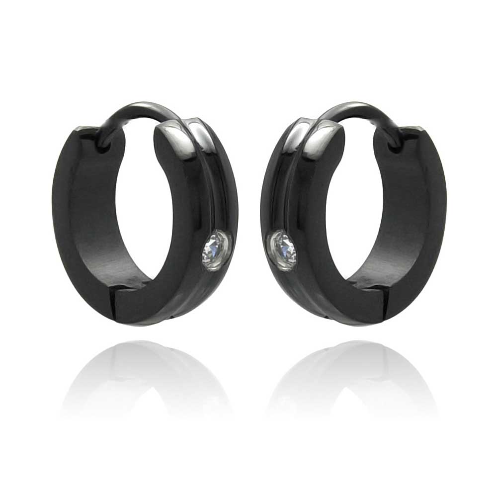 Black Rhodium Plated Stainless Steel Solitaire CZ Huggie Hoop Earrings - SSE00080