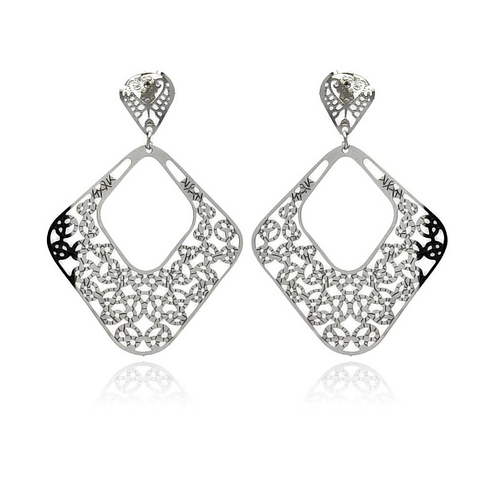 Rhodium Plated Stainless Steel Filigree Diamond Shaped Dangle Earrings - SSE00095