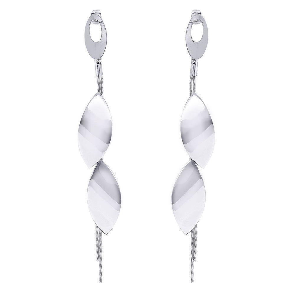 Rhodium Plated Stainless Steel Multi Almond Shaped & Snake Chain Dangle Earrings - SSE00109