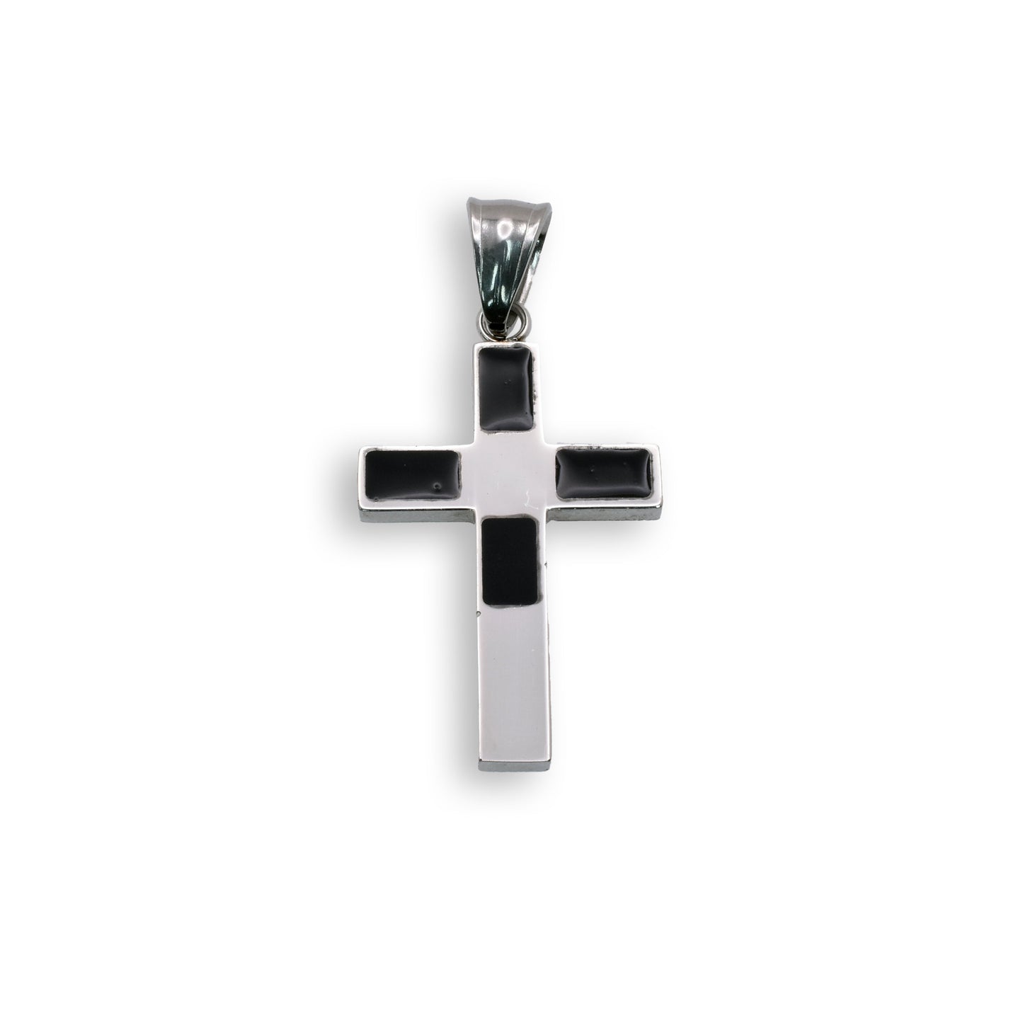 Rhodium Plated Stainless Steel & Black Enamal Cross Pendant - SSP00056