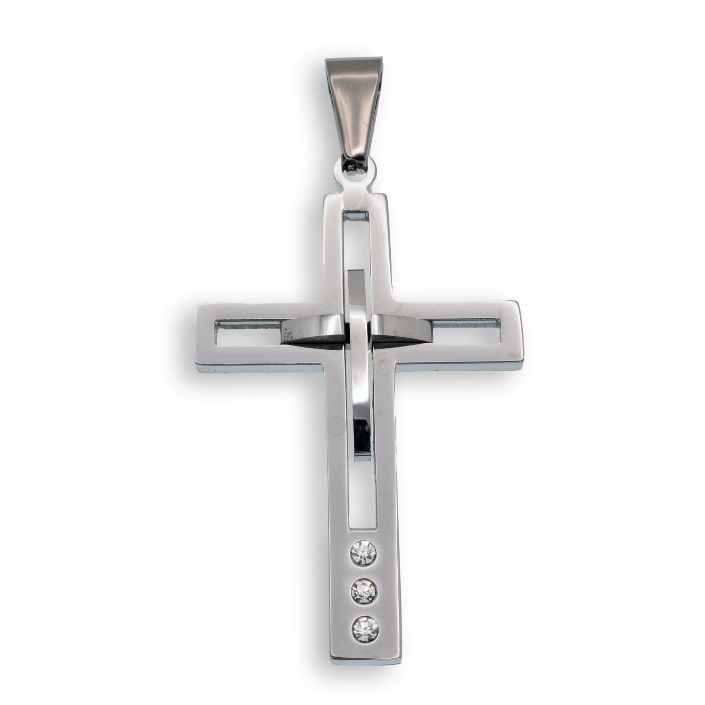Rhodium Plated Stainless Steel Cross Clear CZ Pendant - SSP00106