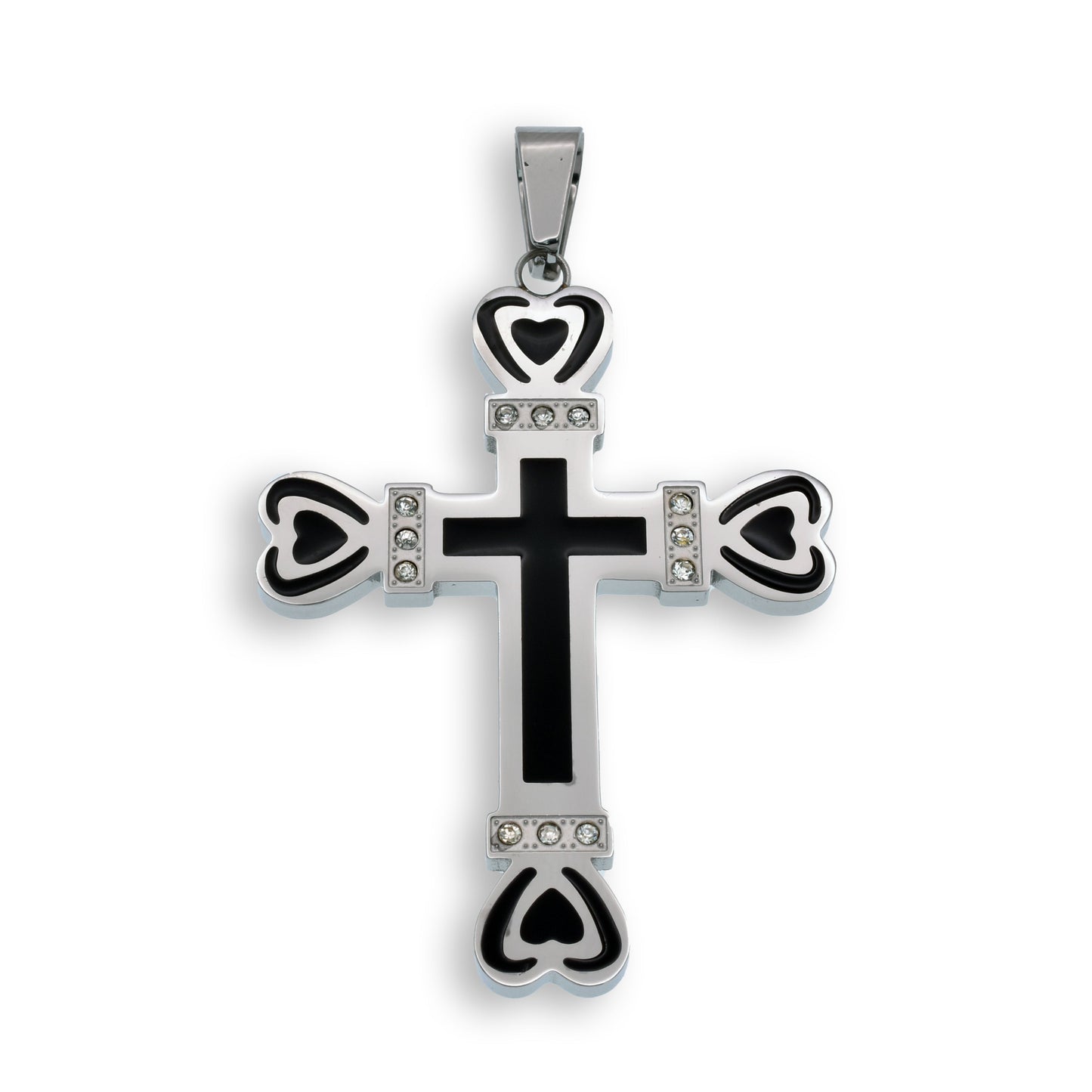 Rhodium Plated Stainless Steel Black Enamel Cross Heart Tips Clear CZ 38.5mm x 50mm Pendant - SSP00113