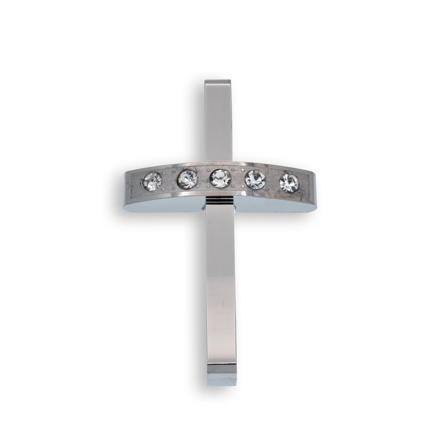 Rhodium Plated Stainless Steel Cross Clear CZ Bar 25.9mm x 41.6mm Pendant - SSP00115