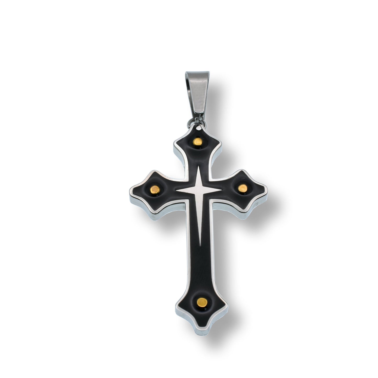 Rhodium Plated Stainless Steel Syriac Cross Black Enamel Pendant - SSP00117