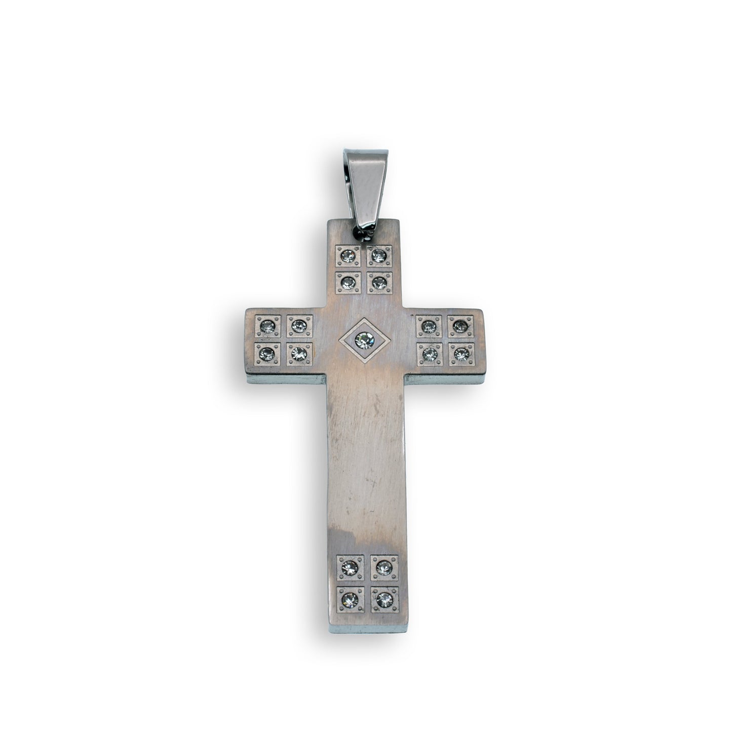 Rhodium Plated Stainless Steel Flat Square Matte CZ Cross Pendant - SSP00123
