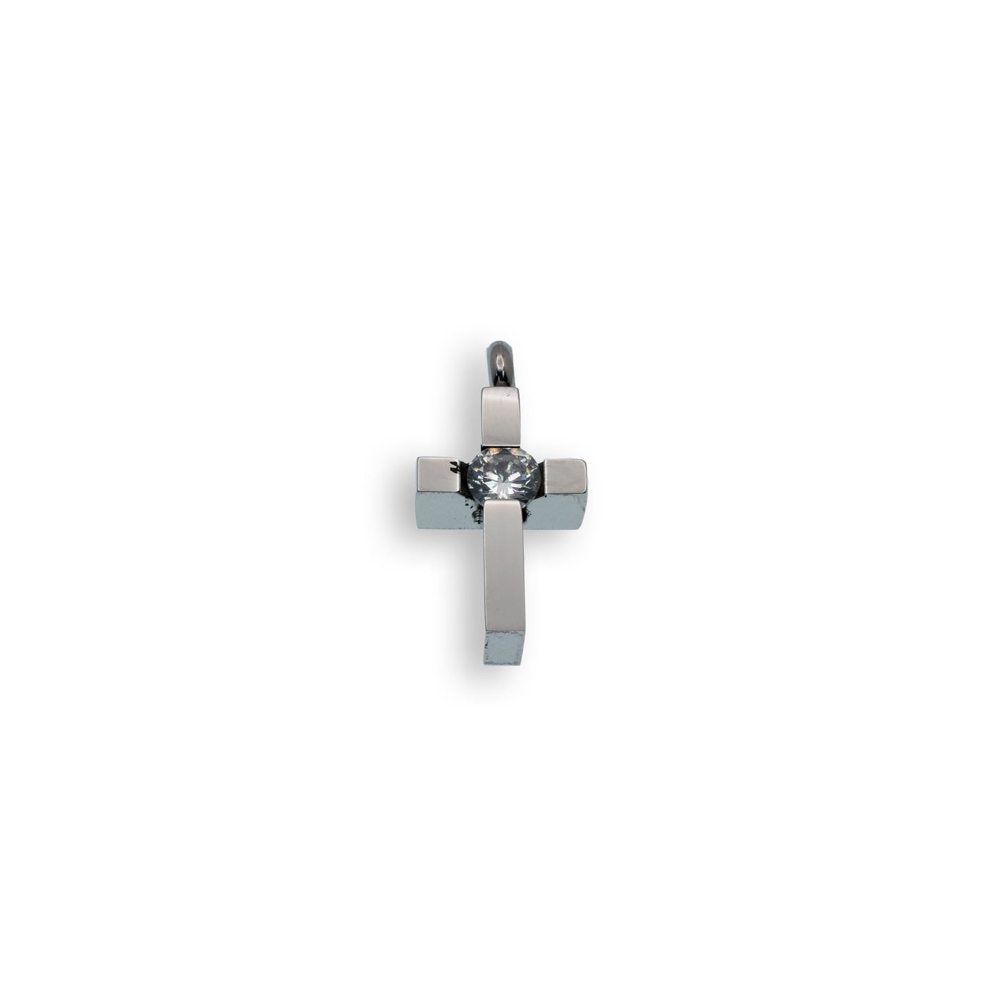 Rhodium Plated Stainless Steel Mini Block CZ Cross Pendant - SSP00132