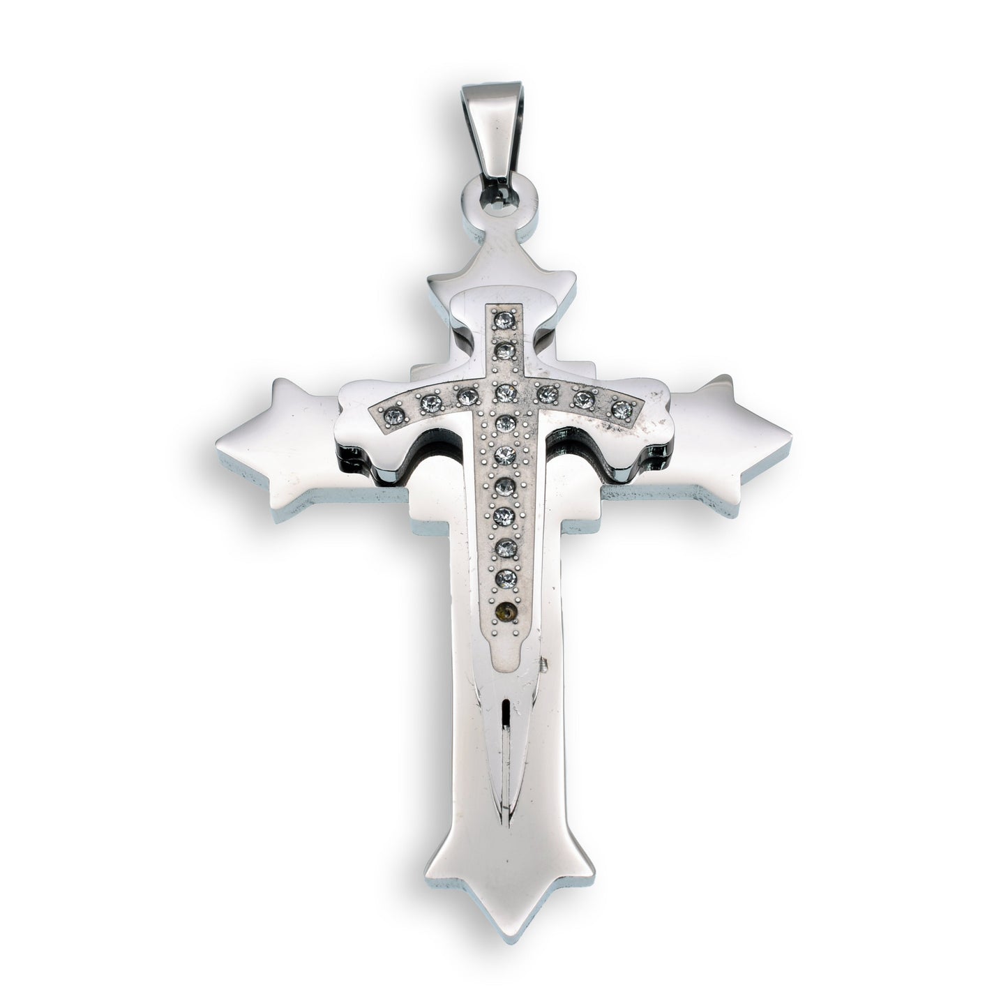 Rhodium Plated Stainless Steel CZ Double Layered Cross Pendant - SSP00154